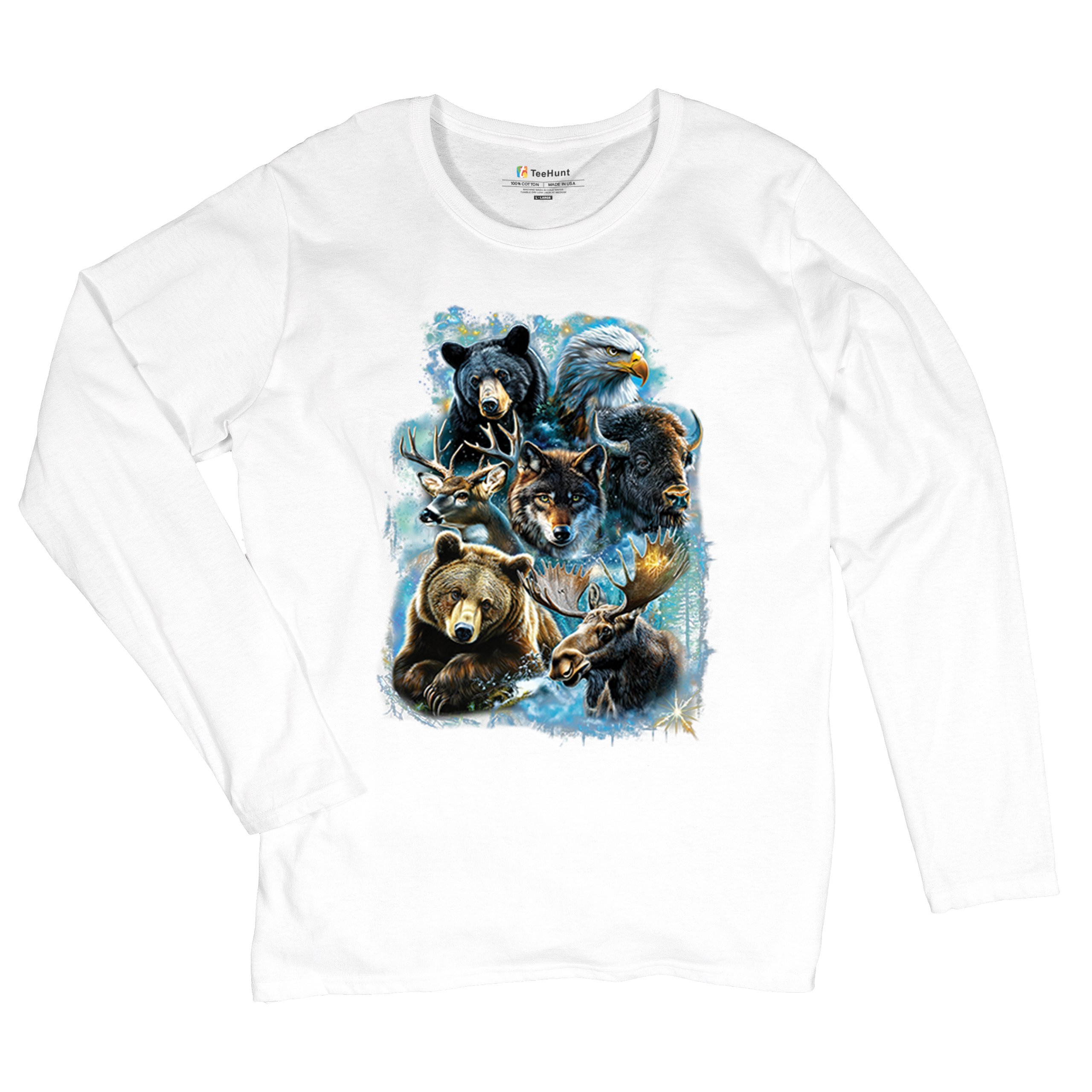 Wildlife Collage Women's Long Sleeve T-shirt Animal Nature Lovers Wolf Forest - Picture 27 of 50
