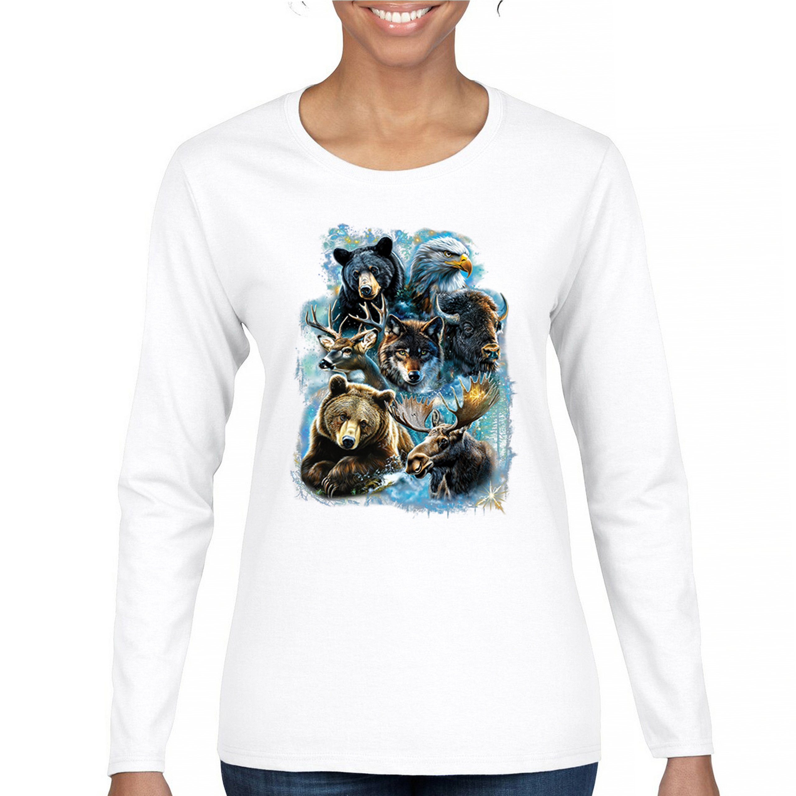 Wildlife Collage Women's Long Sleeve T-shirt Animal Nature Lovers Wolf Forest - Picture 23 of 50