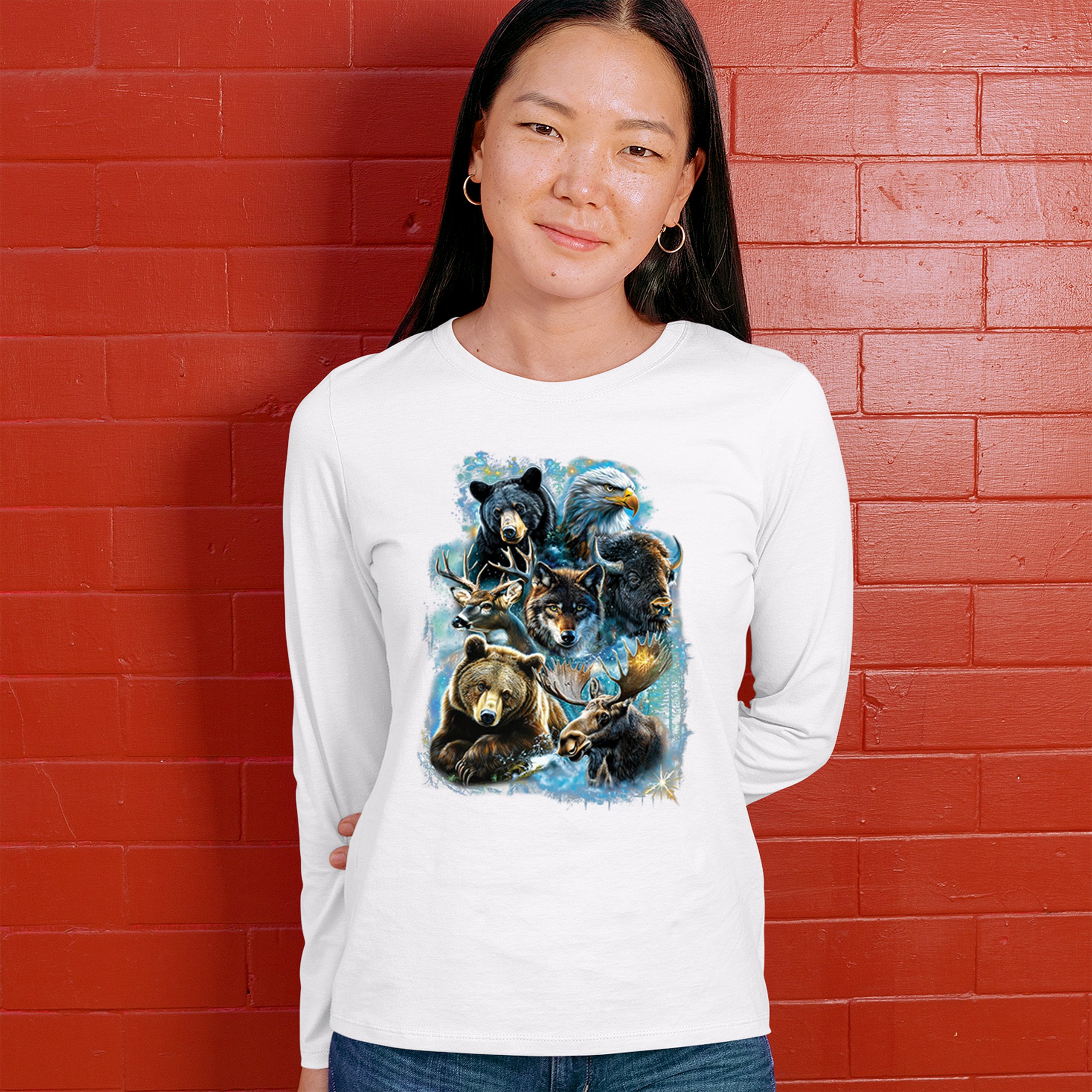 Wildlife Collage Women's Long Sleeve T-shirt Animal Nature Lovers Wolf Forest - Picture 26 of 50