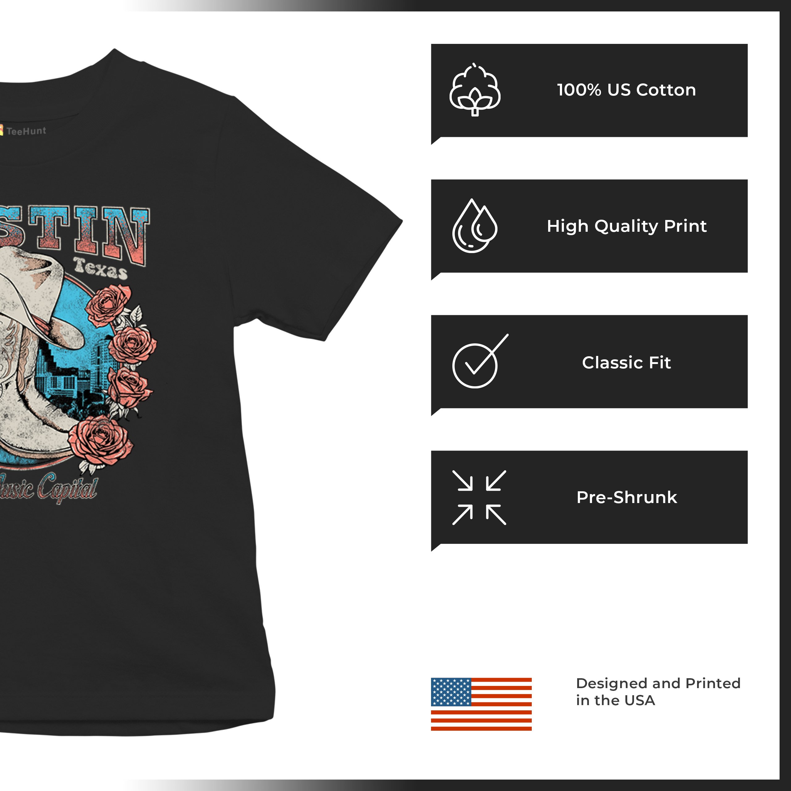 Austin Live Music Capital Youth T-shirt Country Cowgirl Boots and Hat Kids - Picture 7 of 50