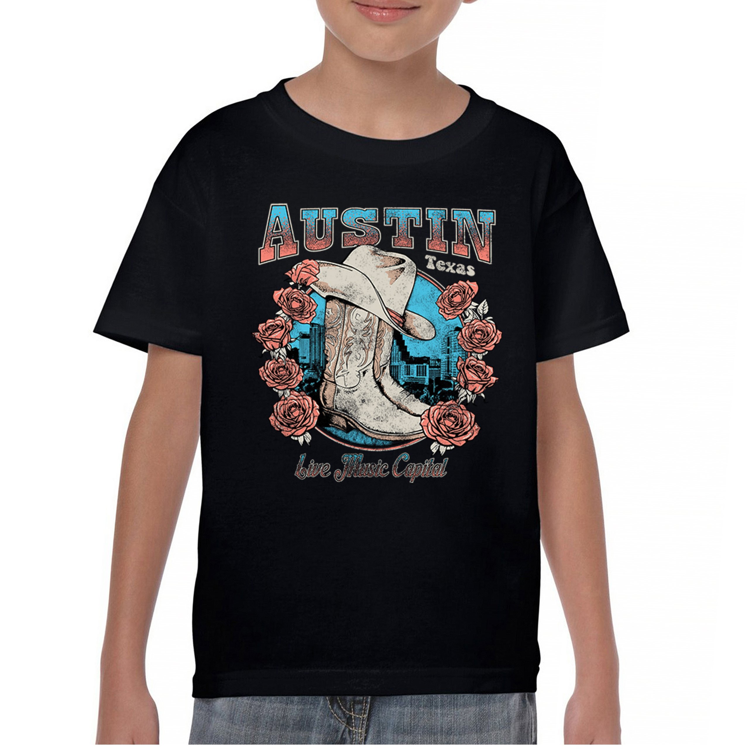 Austin Live Music Capital Youth T-shirt Country Cowgirl Boots and Hat Kids - Picture 2 of 50