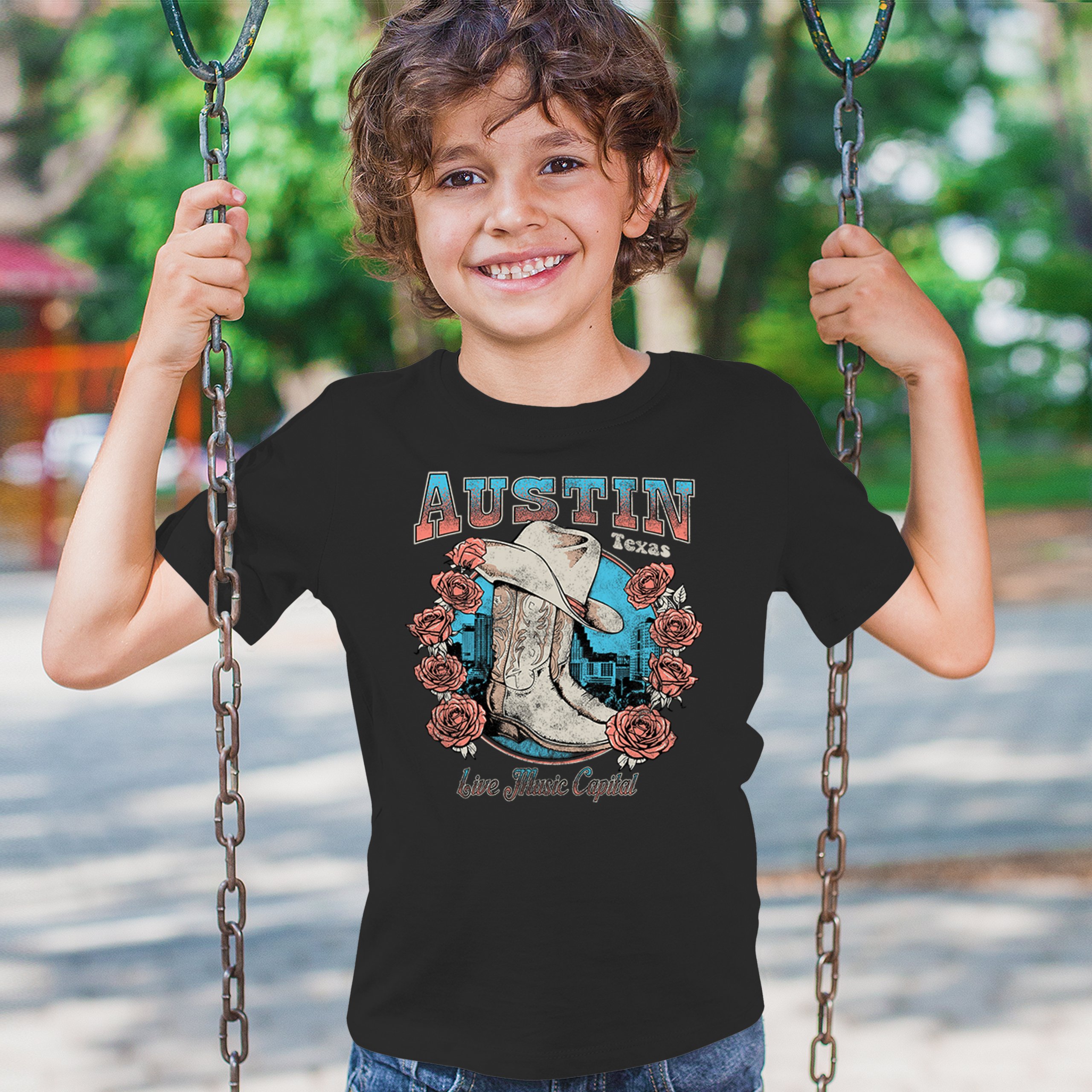 Austin Live Music Capital Youth T-shirt Country Cowgirl Boots and Hat Kids - Picture 5 of 50