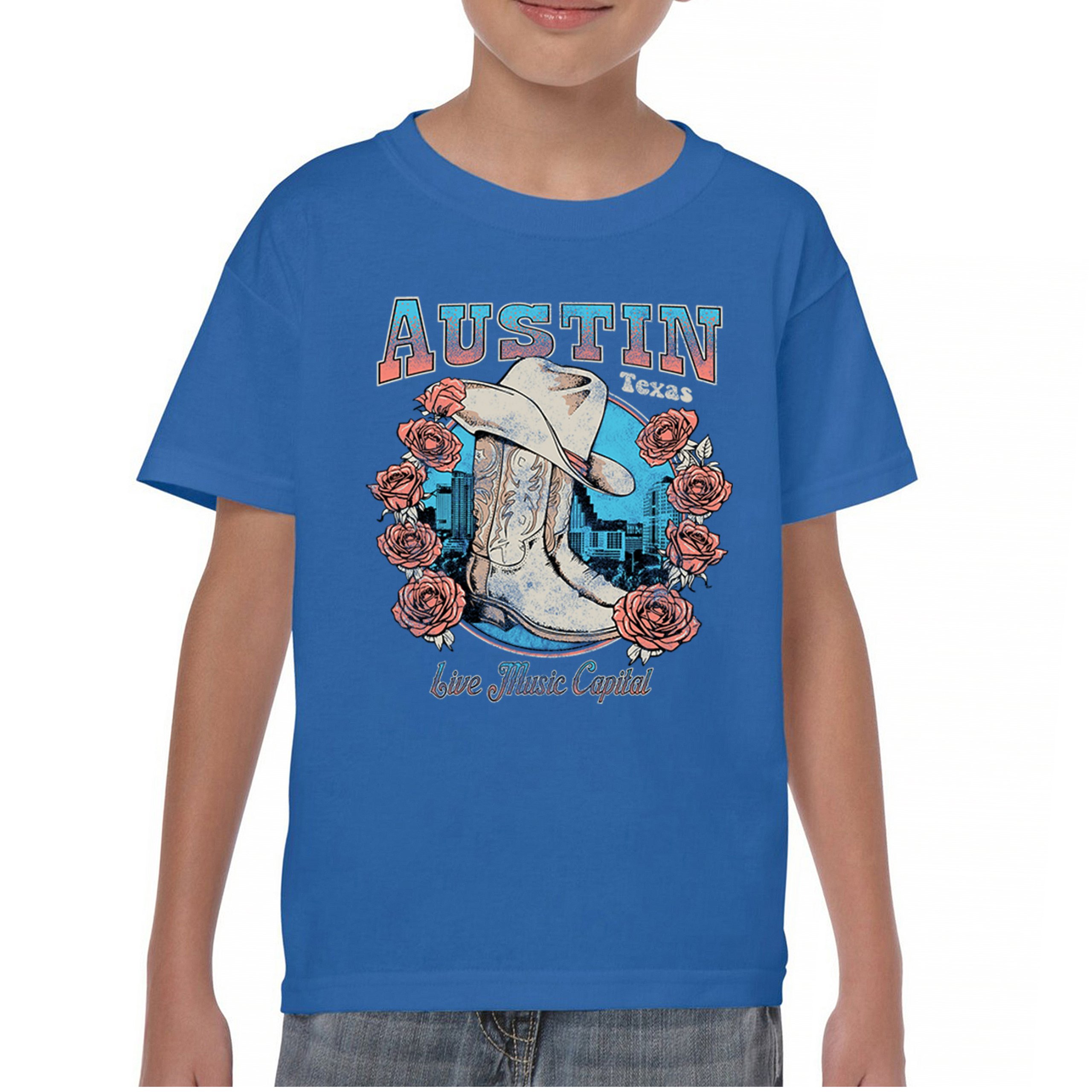 Austin Live Music Capital Youth T-shirt Country Cowgirl Boots and Hat Kids - Picture 37 of 50
