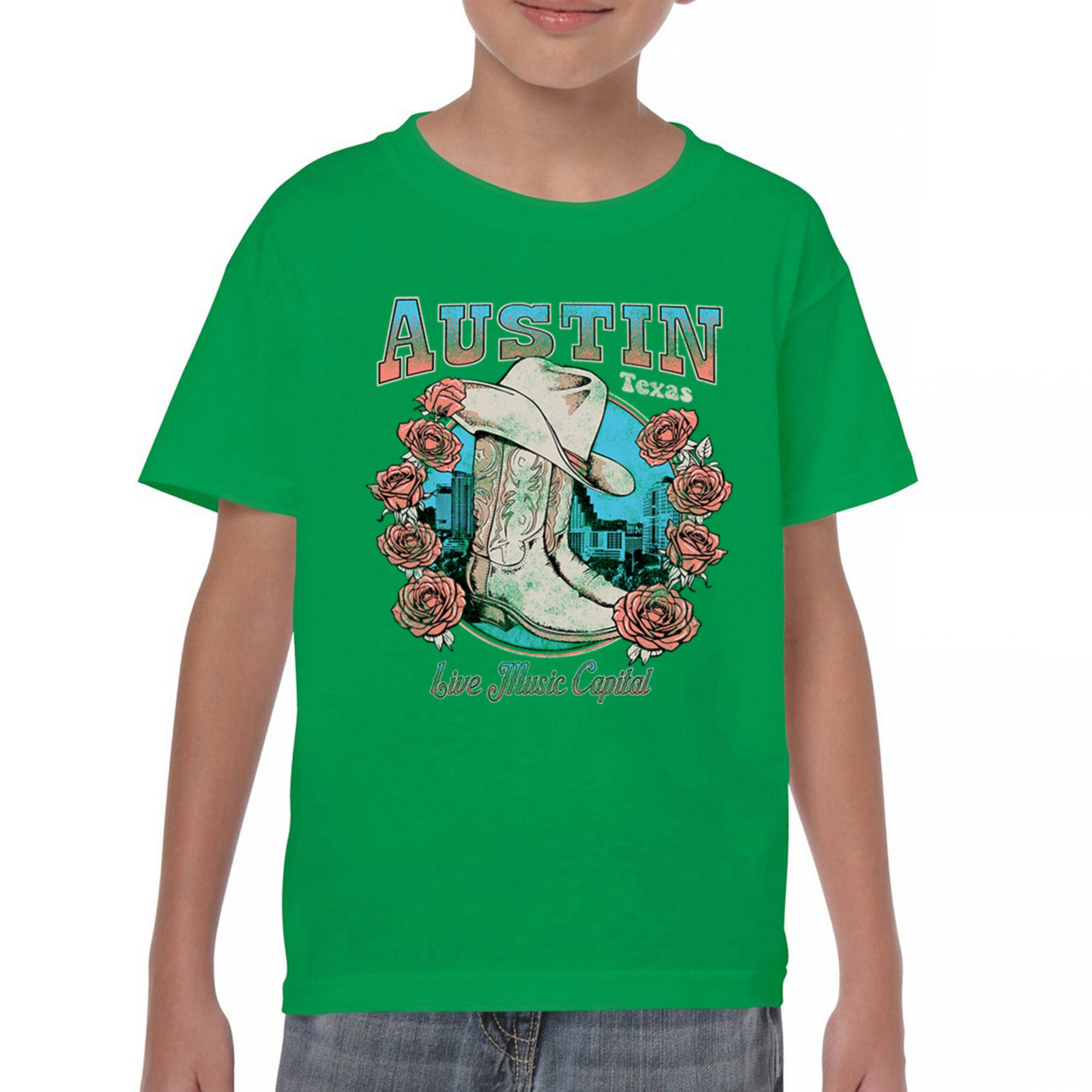 Austin Live Music Capital Youth T-shirt Country Cowgirl Boots and Hat Kids - Picture 30 of 50
