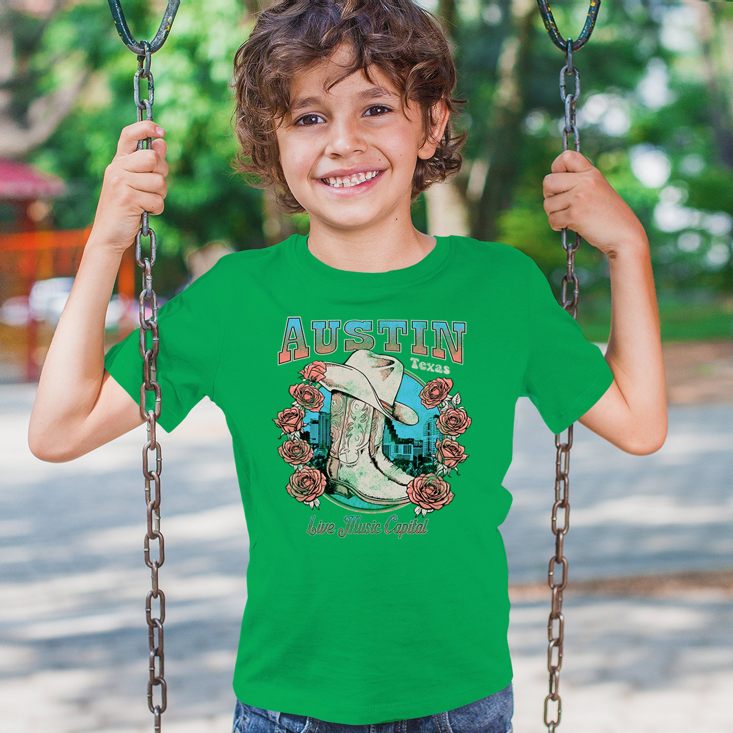 Austin Live Music Capital Youth T-shirt Country Cowgirl Boots and Hat Kids - Picture 33 of 50