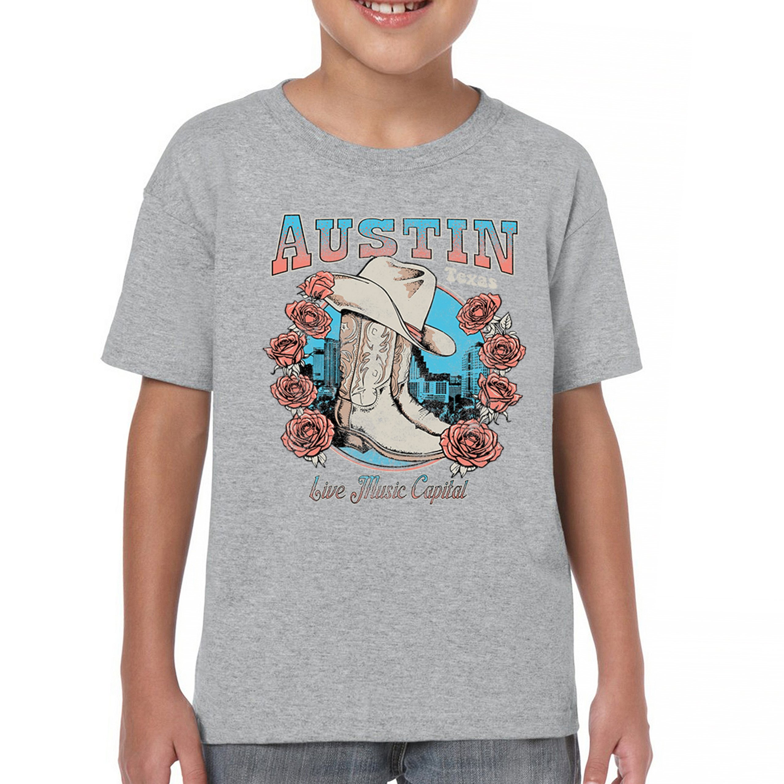 Austin Live Music Capital Youth T-shirt Country Cowgirl Boots and Hat Kids - Picture 9 of 50