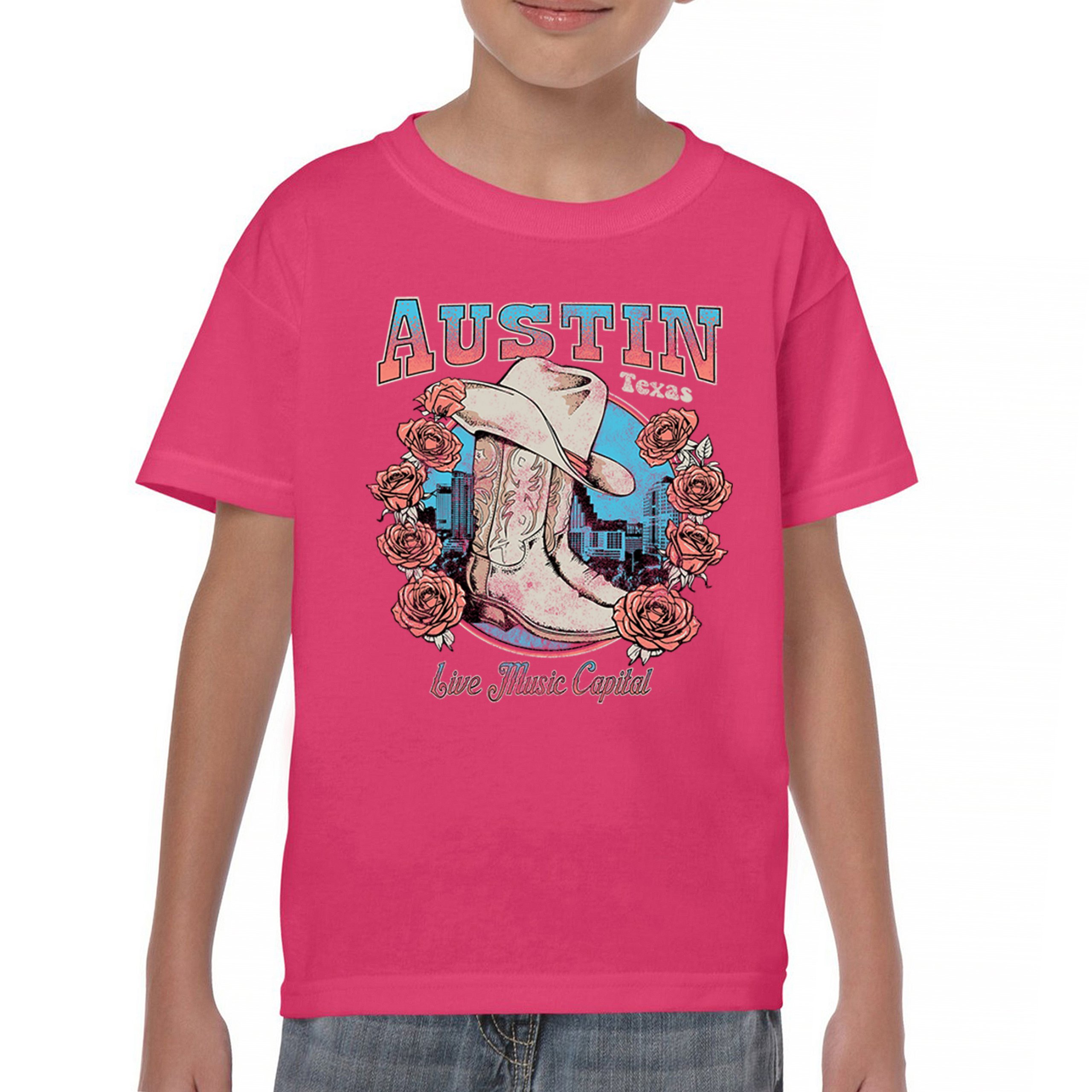 Austin Live Music Capital Youth T-shirt Country Cowgirl Boots and Hat Kids - Picture 44 of 50