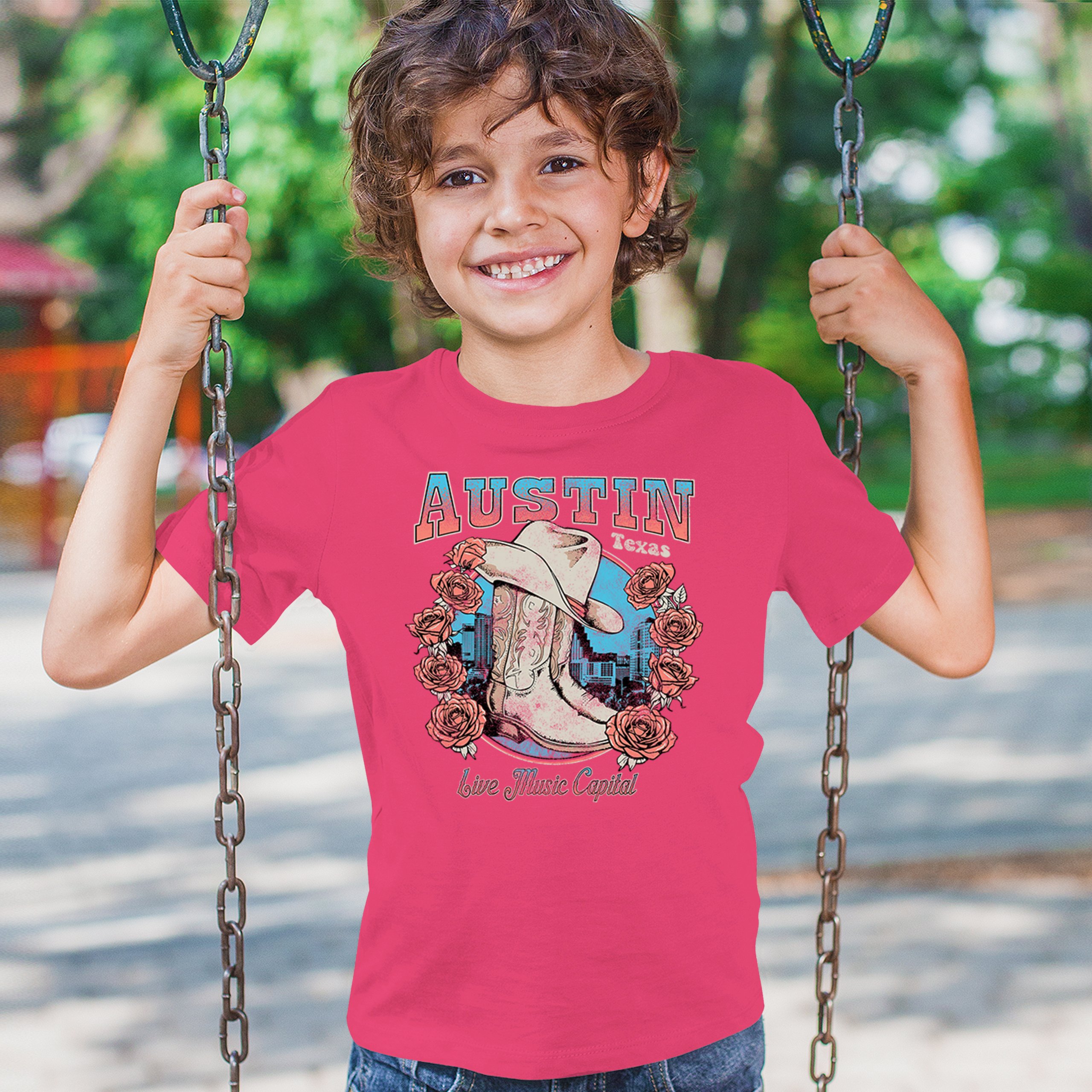Austin Live Music Capital Youth T-shirt Country Cowgirl Boots and Hat Kids - Picture 47 of 50