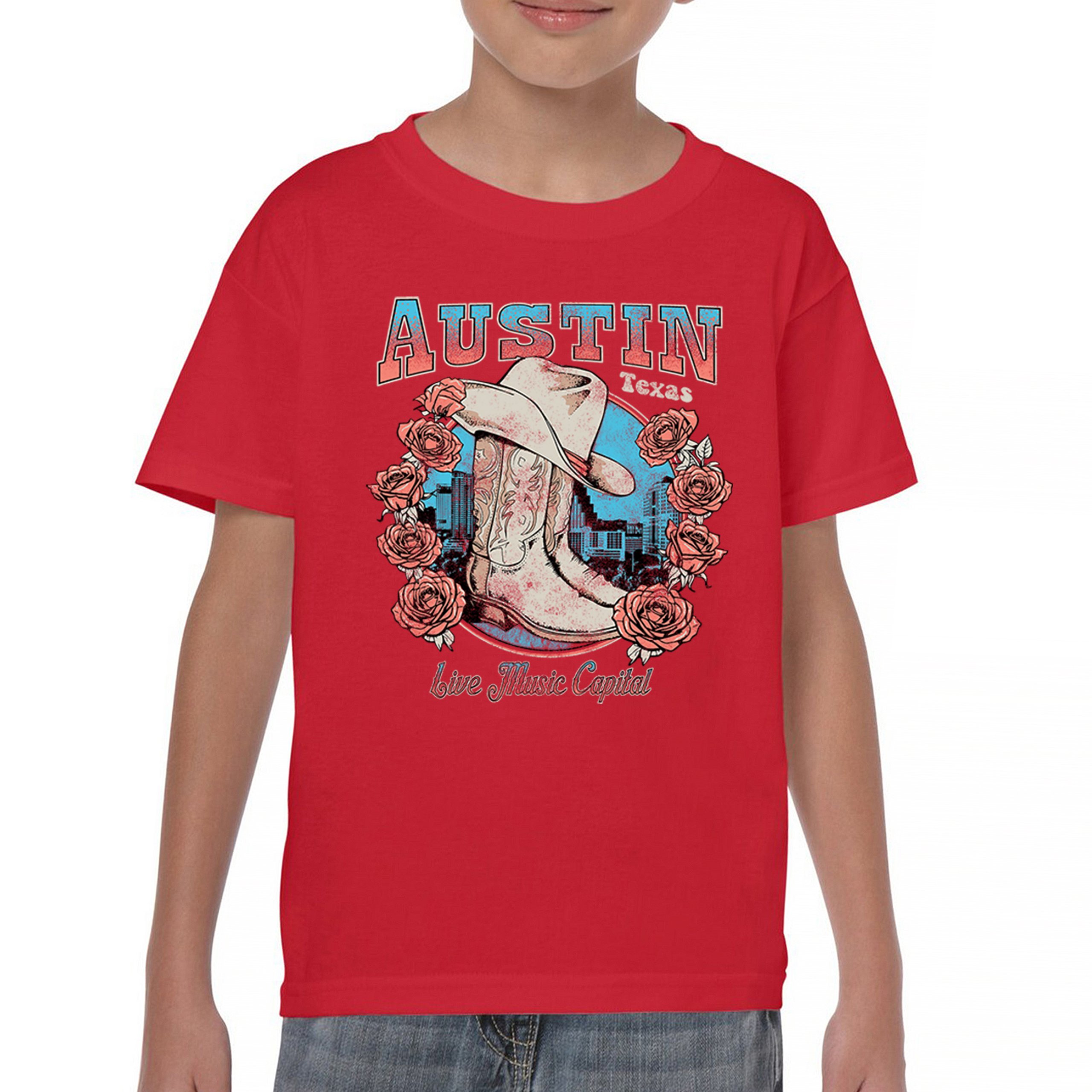 Austin Live Music Capital Youth T-shirt Country Cowgirl Boots and Hat Kids - Picture 16 of 50