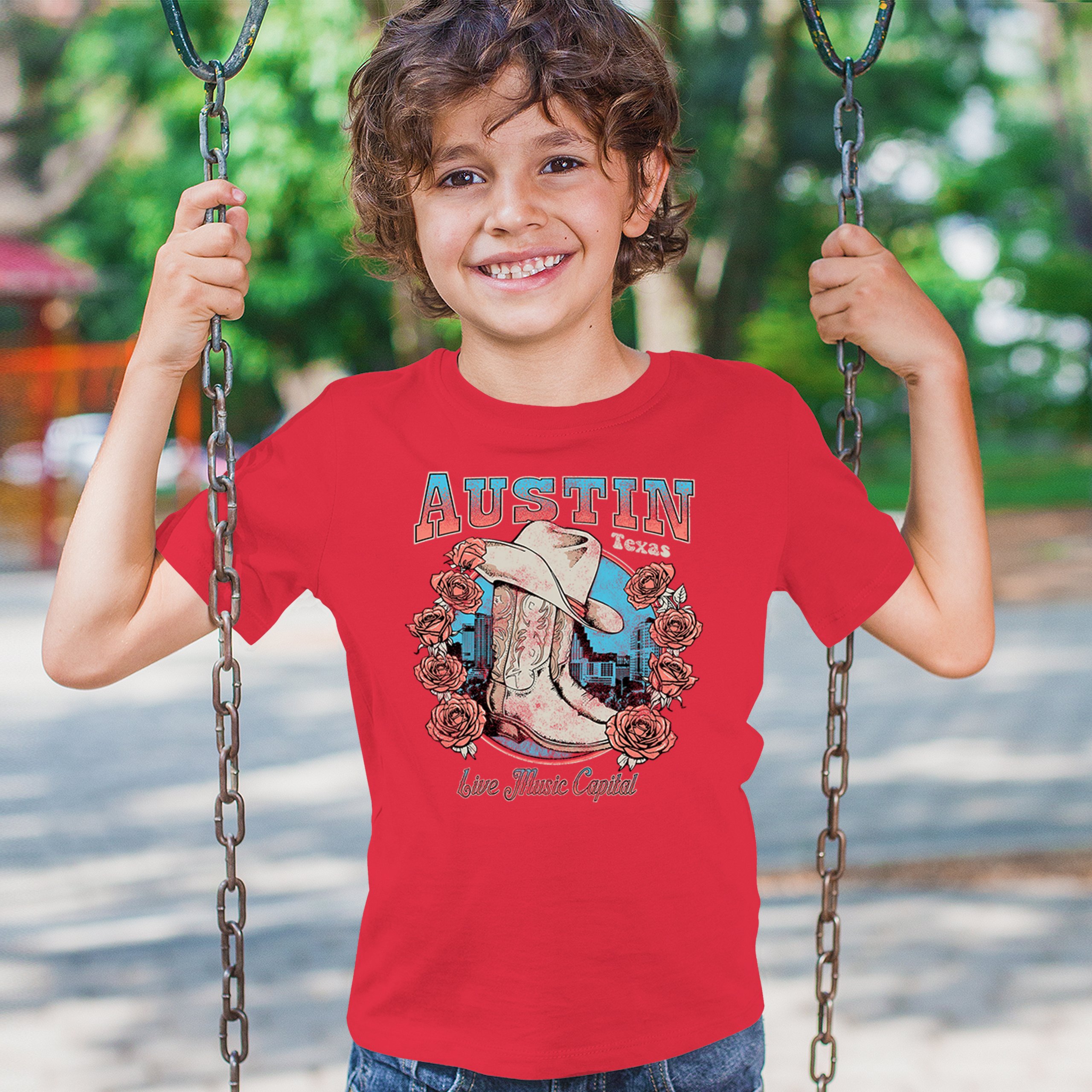 Austin Live Music Capital Youth T-shirt Country Cowgirl Boots and Hat Kids - Picture 19 of 50