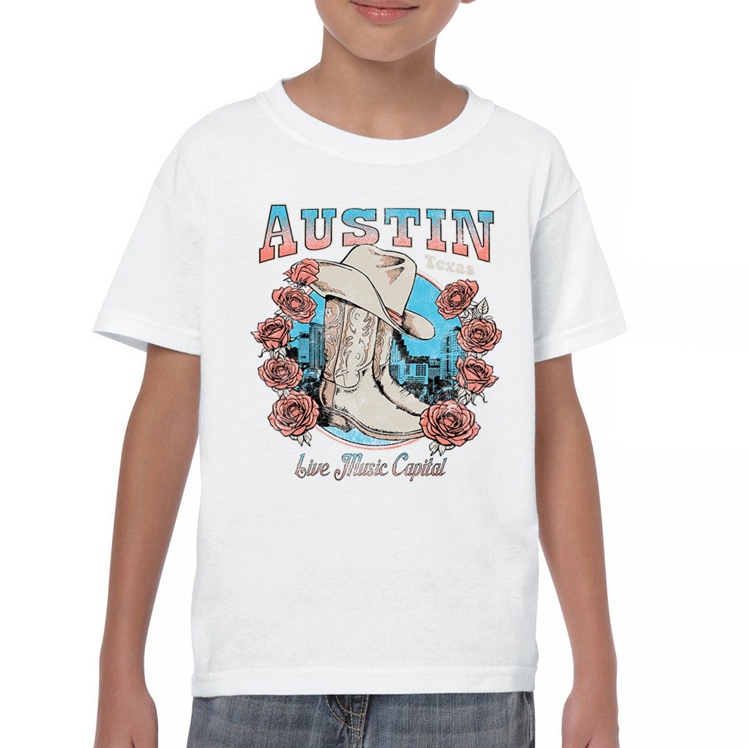 Austin Live Music Capital Youth T-shirt Country Cowgirl Boots and Hat Kids - Picture 23 of 50