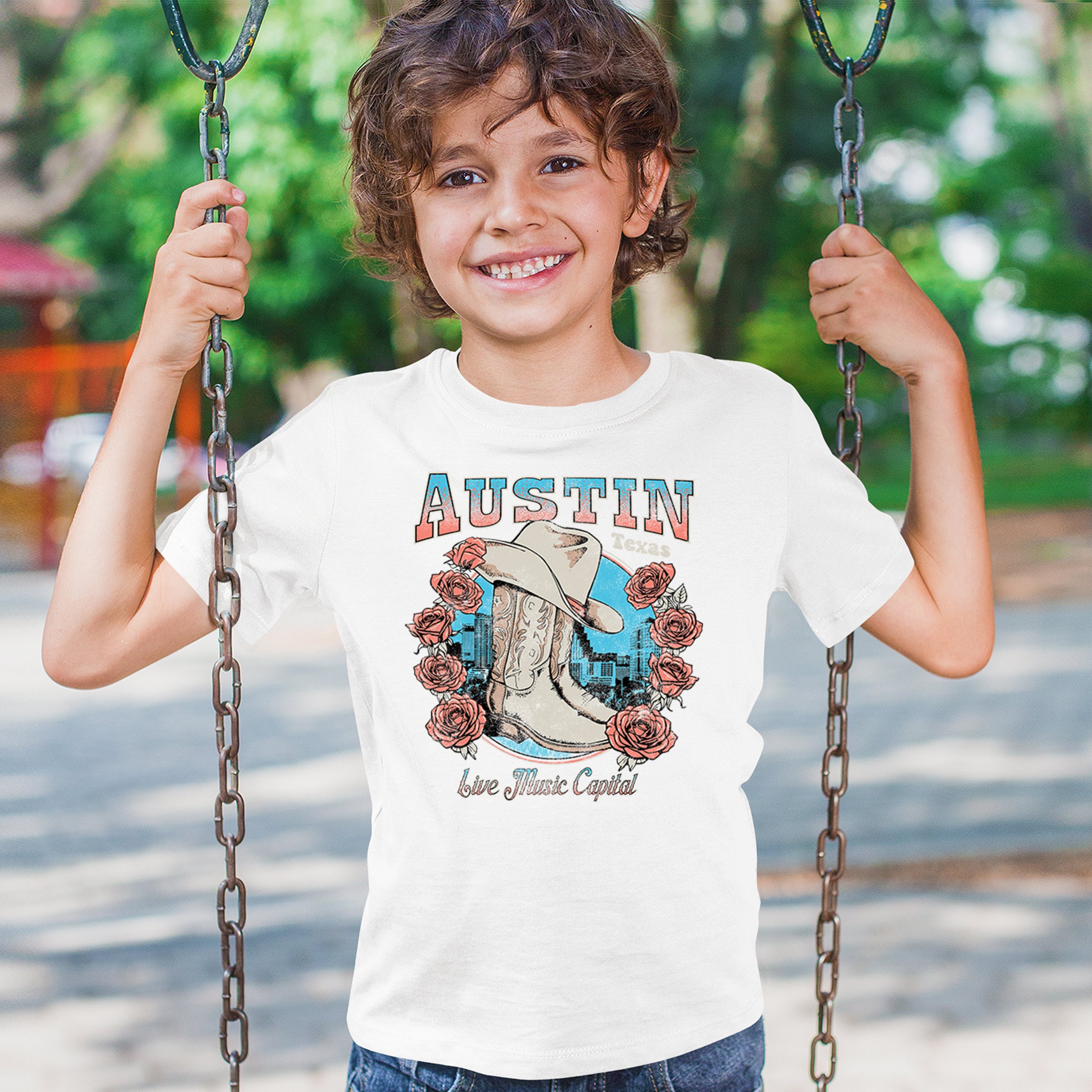 Austin Live Music Capital Youth T-shirt Country Cowgirl Boots and Hat Kids - Picture 26 of 50