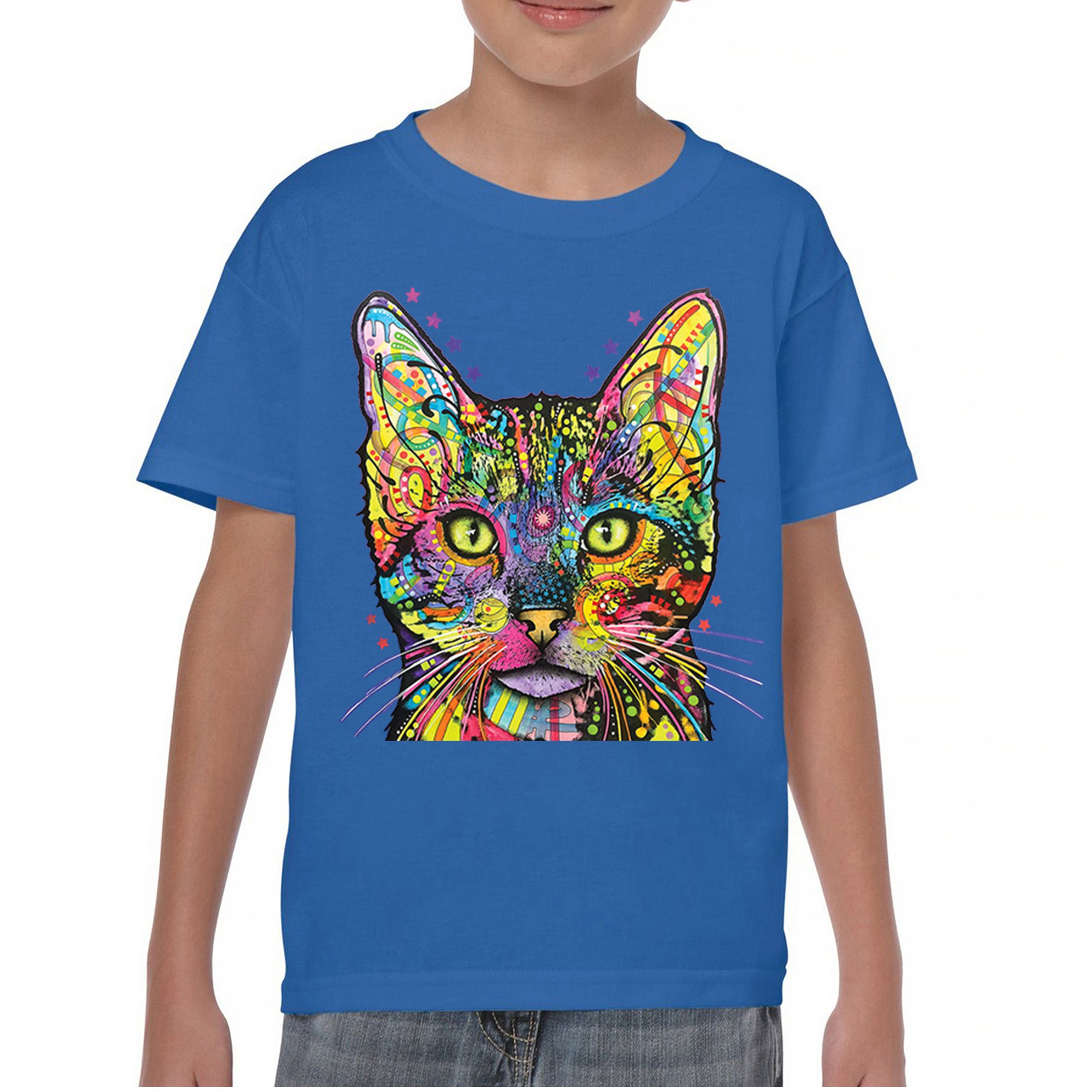 Dean Russo Shiva Cat Stare Youth T-shirt Neon Mosaic Colorful Kitten Eyes Kids - Picture 37 of 50