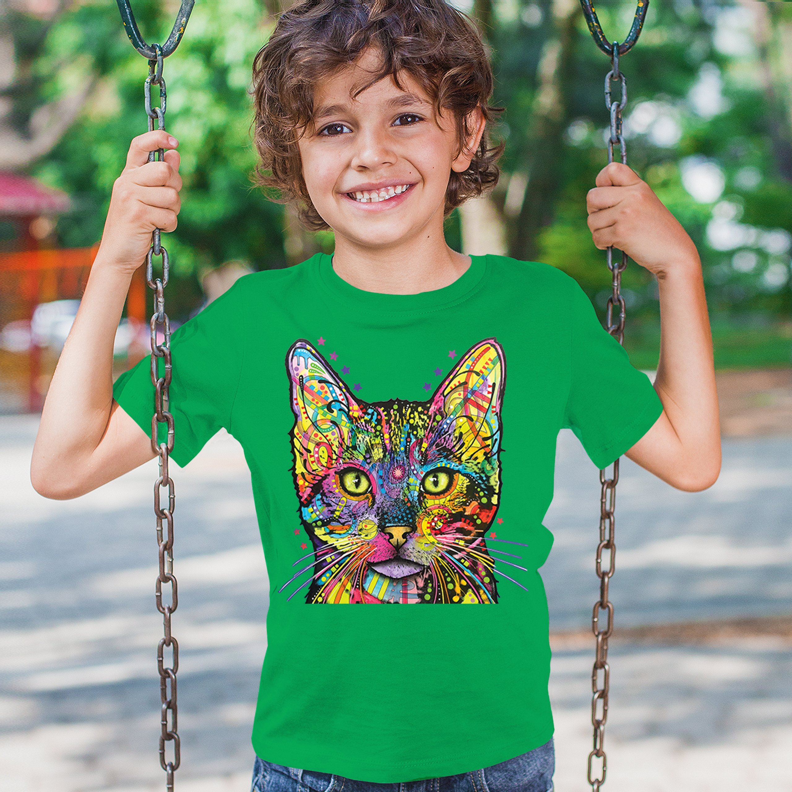 Dean Russo Shiva Cat Stare Youth T-shirt Neon Mosaic Colorful Kitten Eyes Kids - Picture 33 of 50