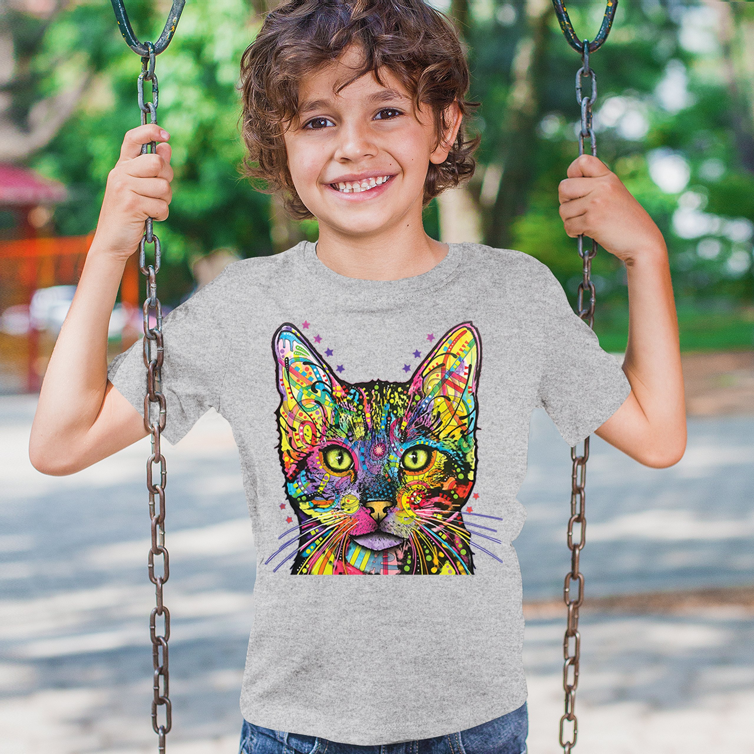 Dean Russo Shiva Cat Stare Youth T-shirt Neon Mosaic Colorful Kitten Eyes Kids - Picture 12 of 50