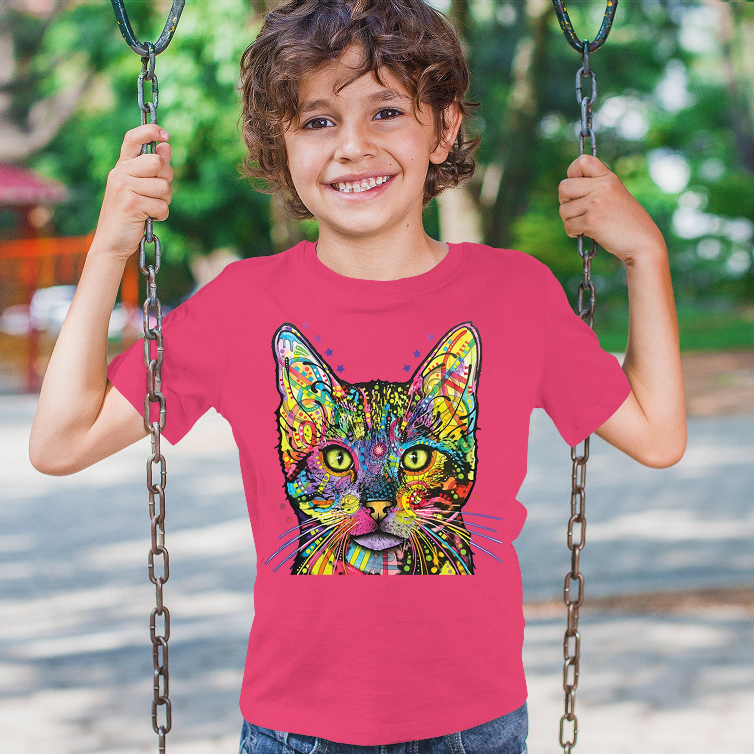 Dean Russo Shiva Cat Stare Youth T-shirt Neon Mosaic Colorful Kitten Eyes Kids - Picture 47 of 50