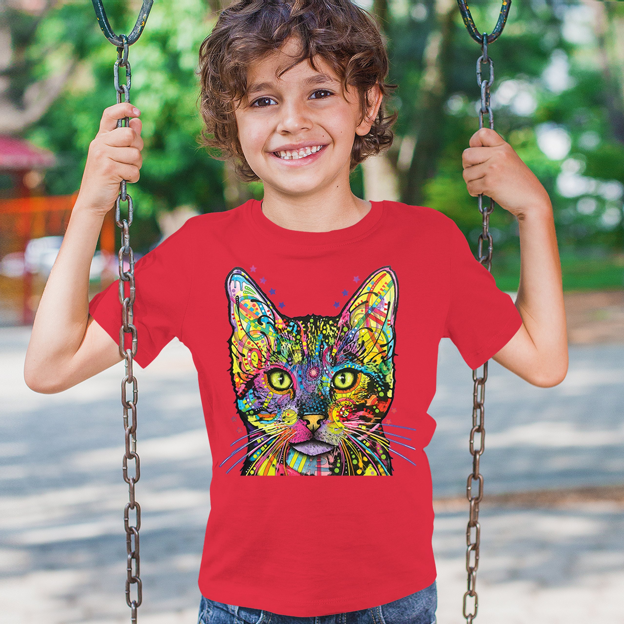 Dean Russo Shiva Cat Stare Youth T-shirt Neon Mosaic Colorful Kitten Eyes Kids - Picture 19 of 50