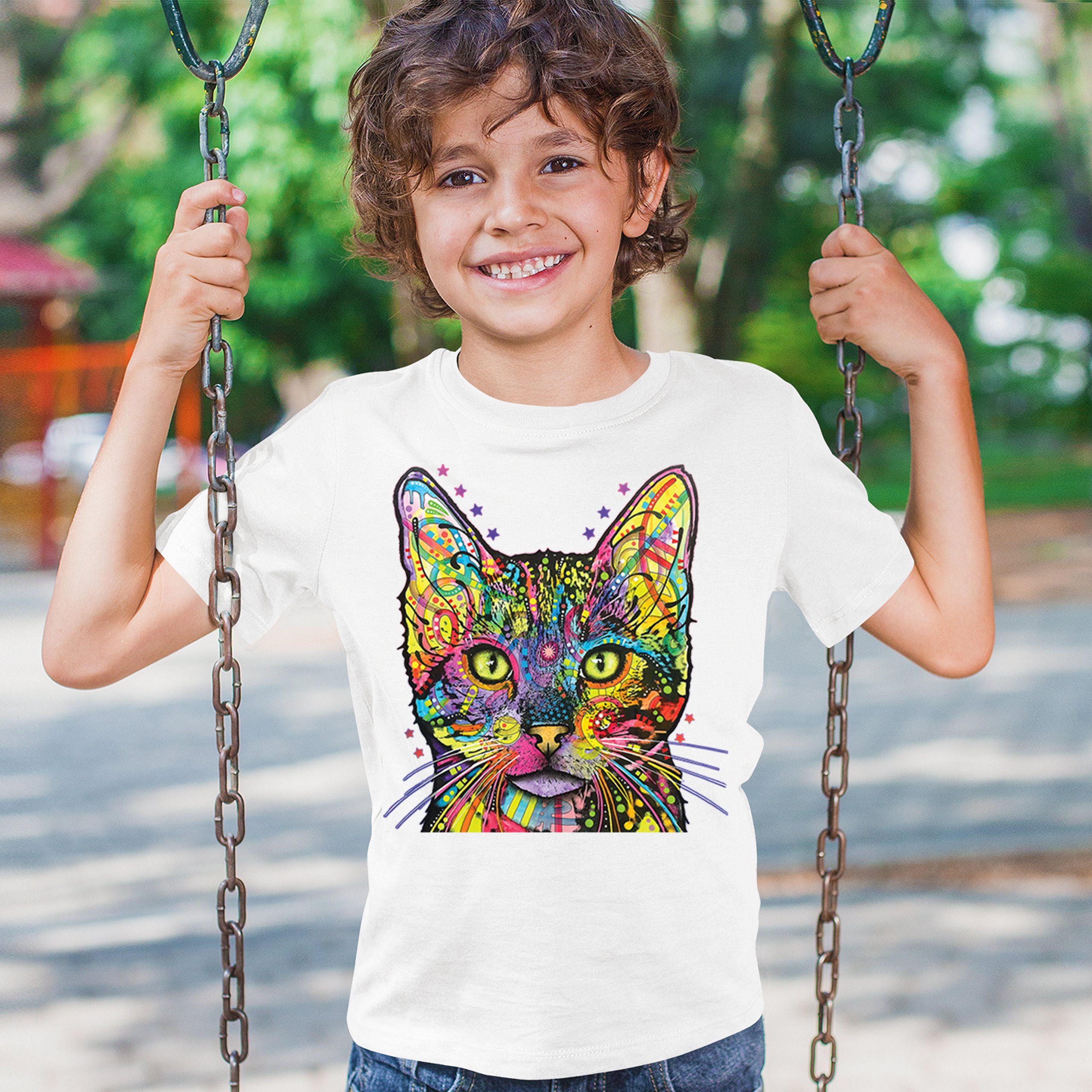 Dean Russo Shiva Cat Stare Youth T-shirt Neon Mosaic Colorful Kitten Eyes Kids - Picture 26 of 50