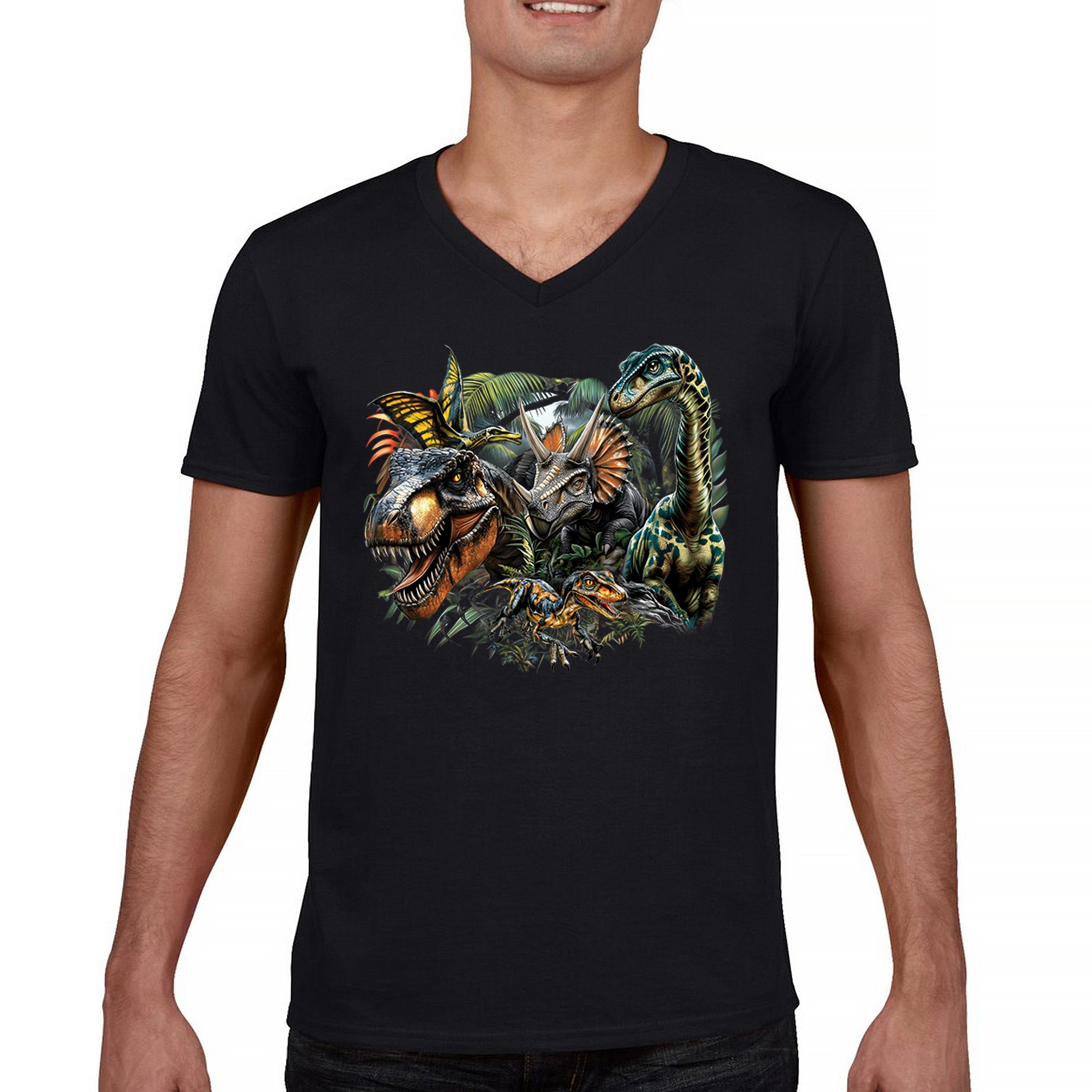 Dinosaur Jungle V-Neck T-shirt T-Rex Triceratops Brachiosaurus Jurassic Tee