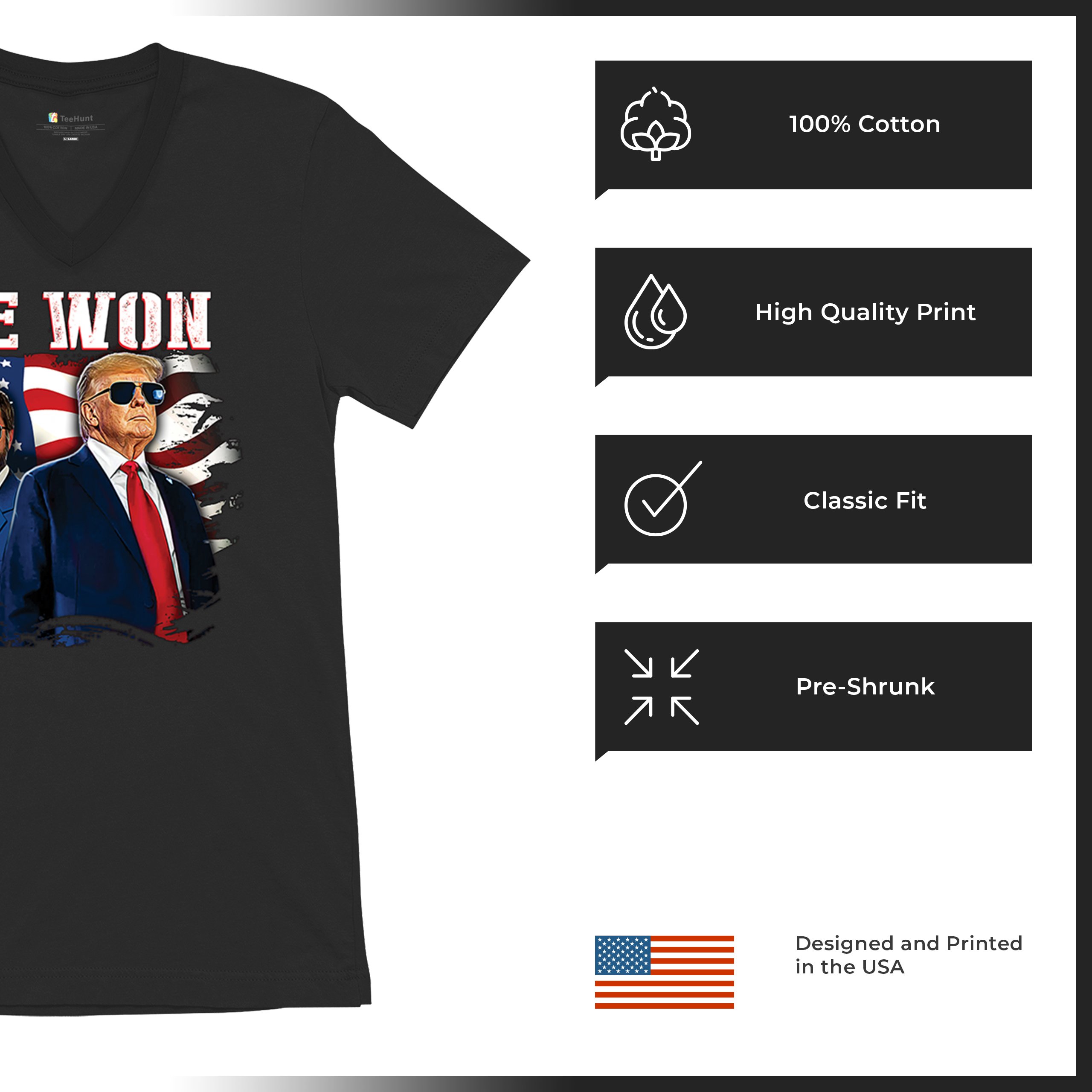 We Won Trump Vance 24 V-Neck T-shirt 47 President MAGA America First Fight Tee - Picture 7 of 29