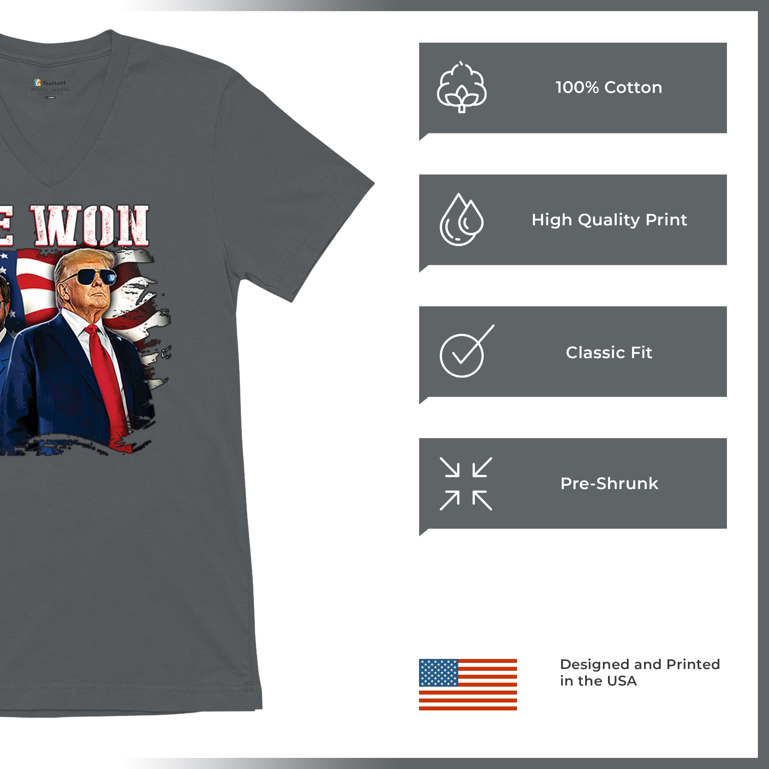 We Won Trump Vance 24 V-Neck T-shirt 47 President MAGA America First Fight Tee - Picture 28 of 29