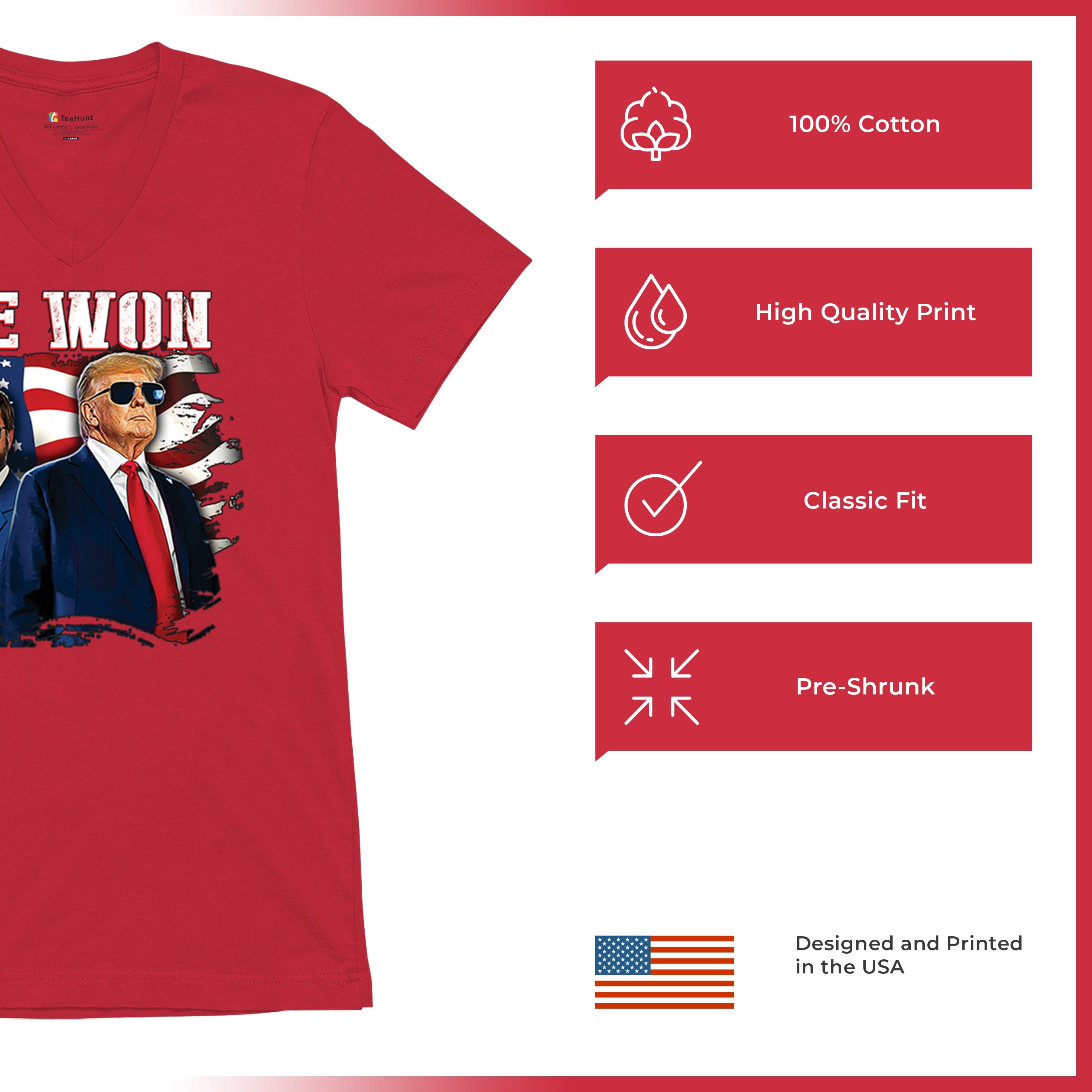 We Won Trump Vance 24 V-Neck T-shirt 47 President MAGA America First Fight Tee - Picture 14 of 29