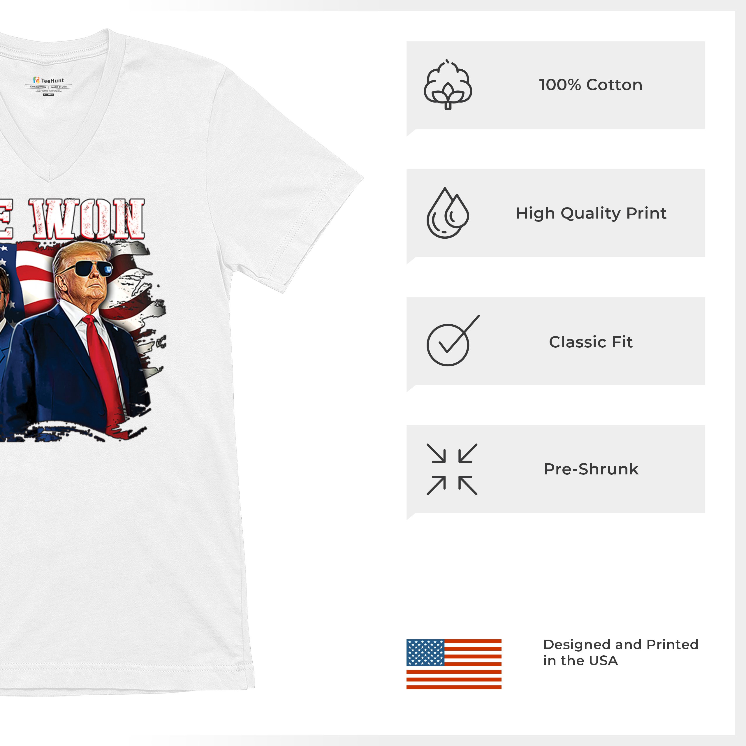 We Won Trump Vance 24 V-Neck T-shirt 47 President MAGA America First Fight Tee - Picture 21 of 29