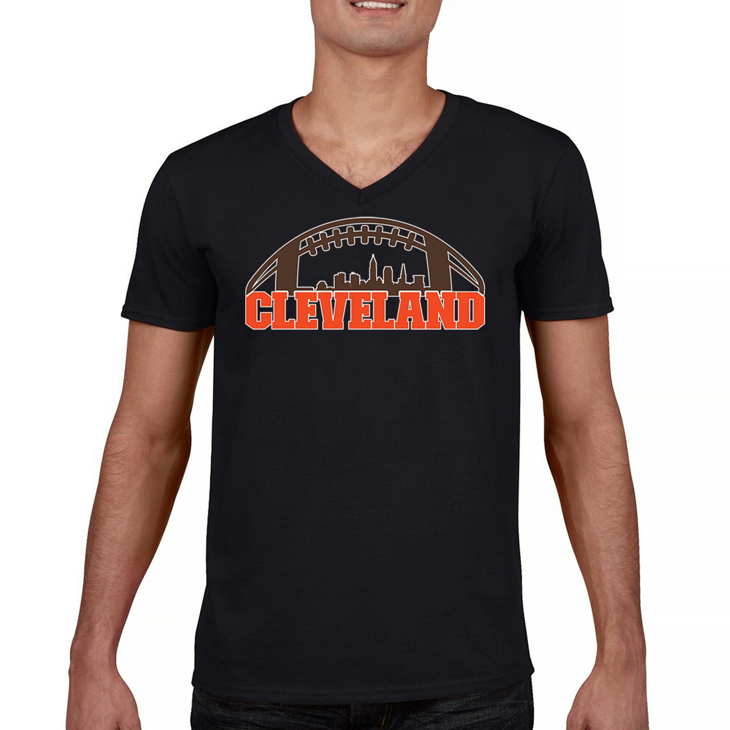 Cleveland Skyline Football V-Neck T-shirt Bleed Orange & Brown