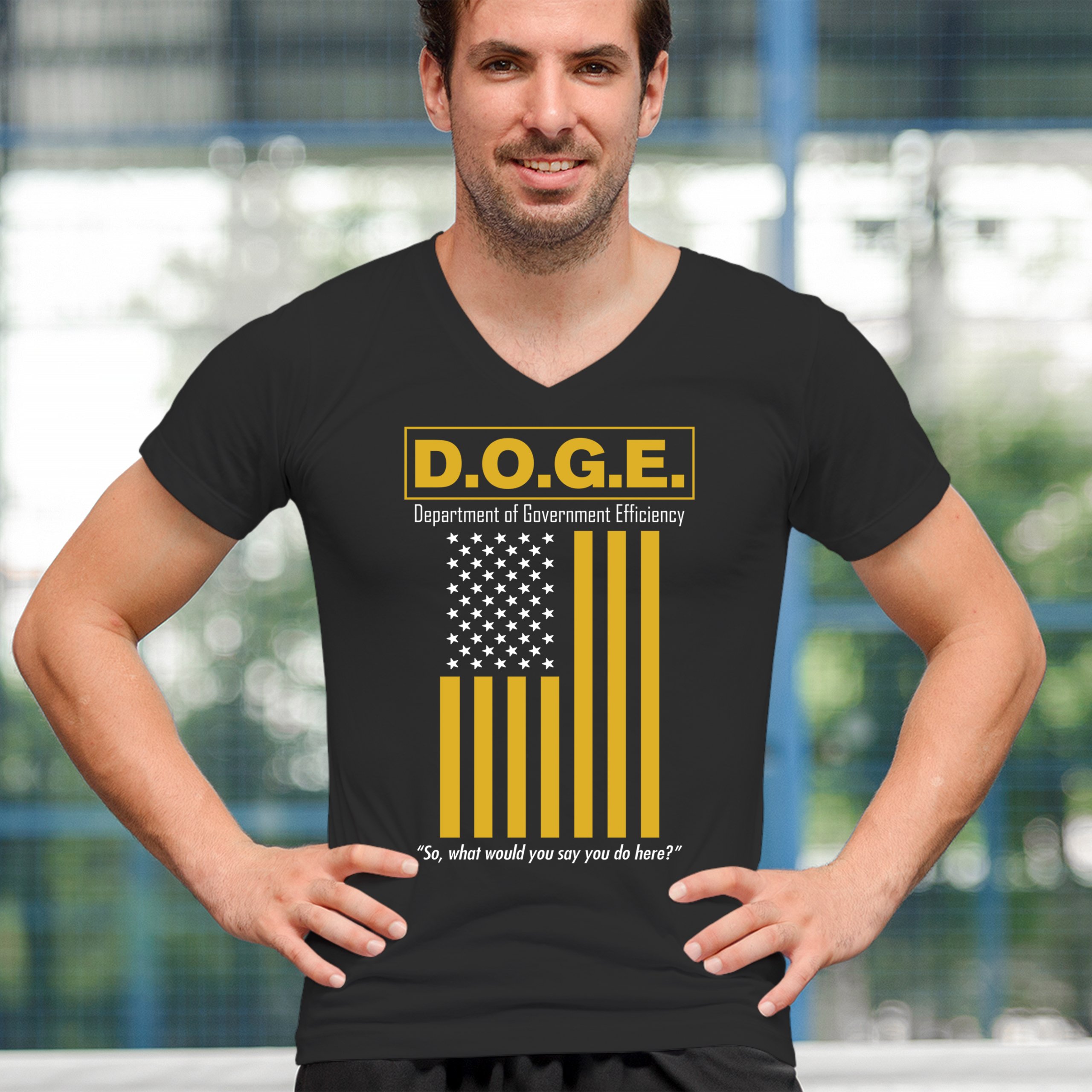 ALTRA T shirt scollo a V metallico bandiera USA DOGE DIPARTIMENTO EFFICIENZA GOVERNATIVA MAGLIETTA