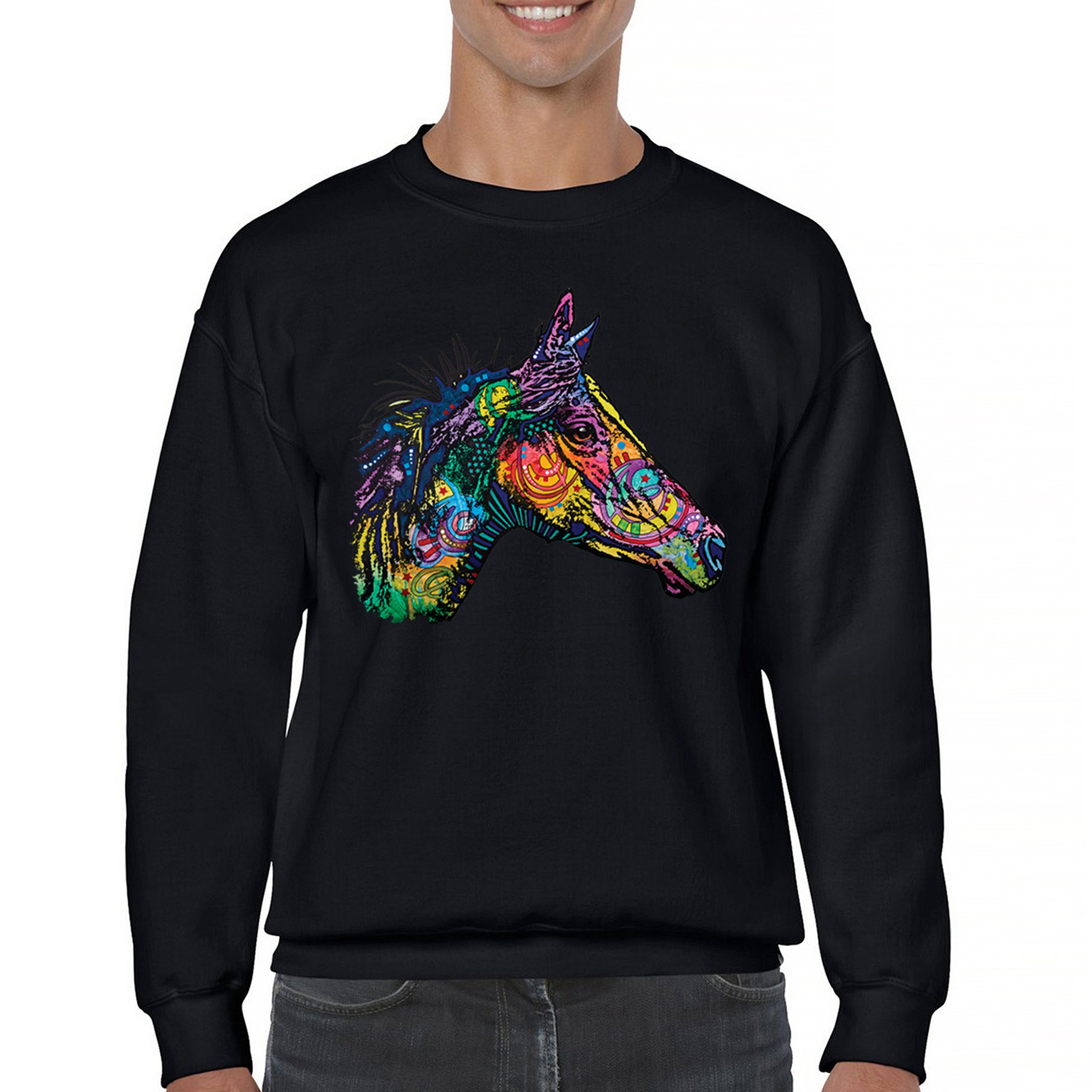 Dean Russo Colorful Horse Sweatshirt Neon Mosaic Wild Mustang Animal Crewneck - Picture 2 of 50