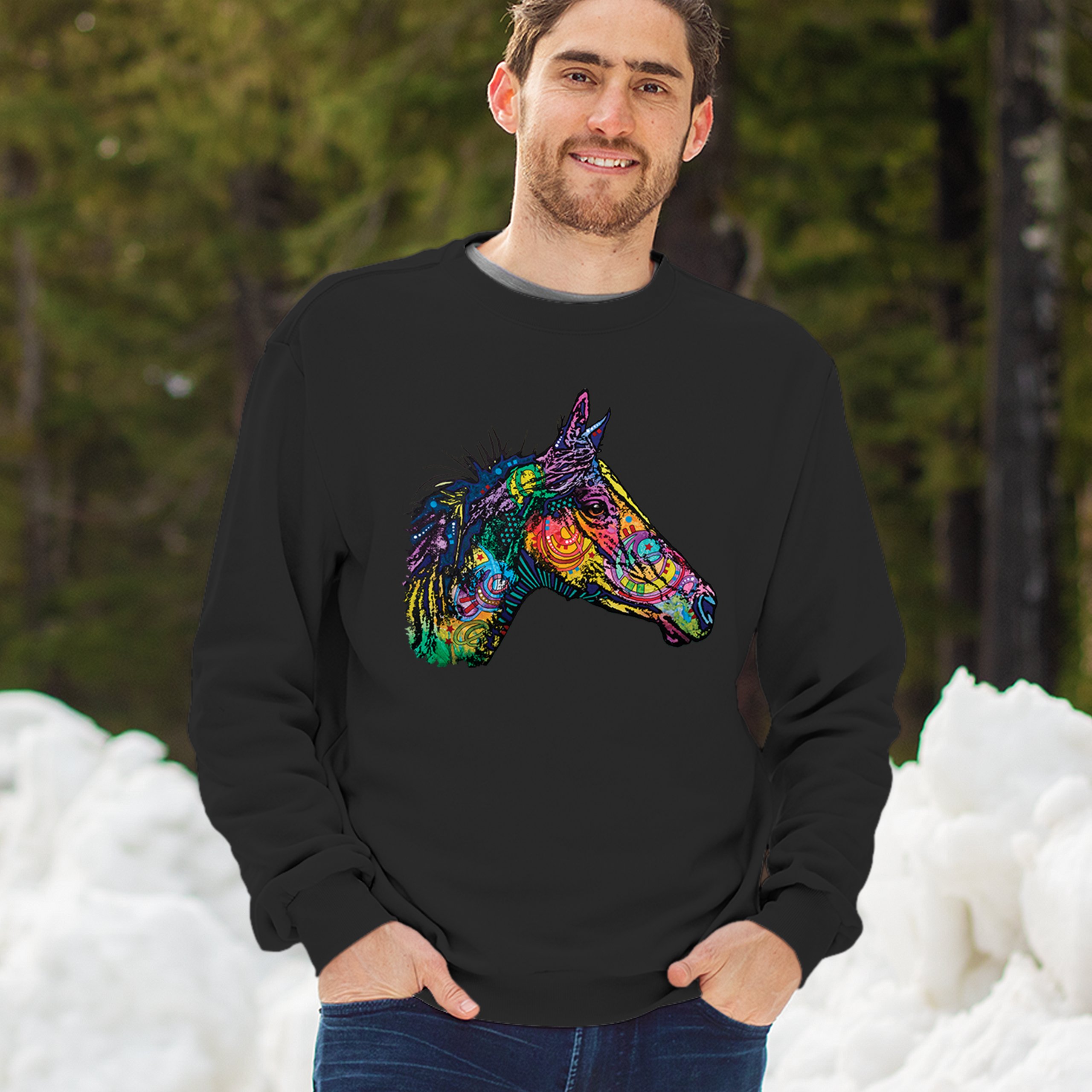 Dean Russo Colorful Horse Sweatshirt Neon Mosaic Wild Mustang Animal Crewneck - Picture 5 of 50