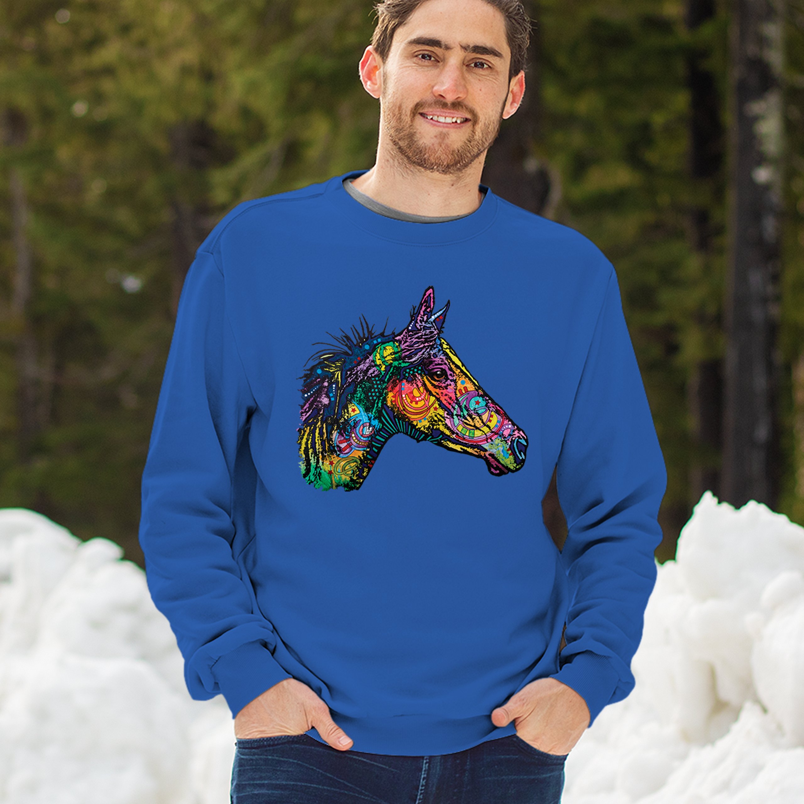 Dean Russo Colorful Horse Sweatshirt Neon Mosaic Wild Mustang Animal Crewneck - Picture 47 of 50
