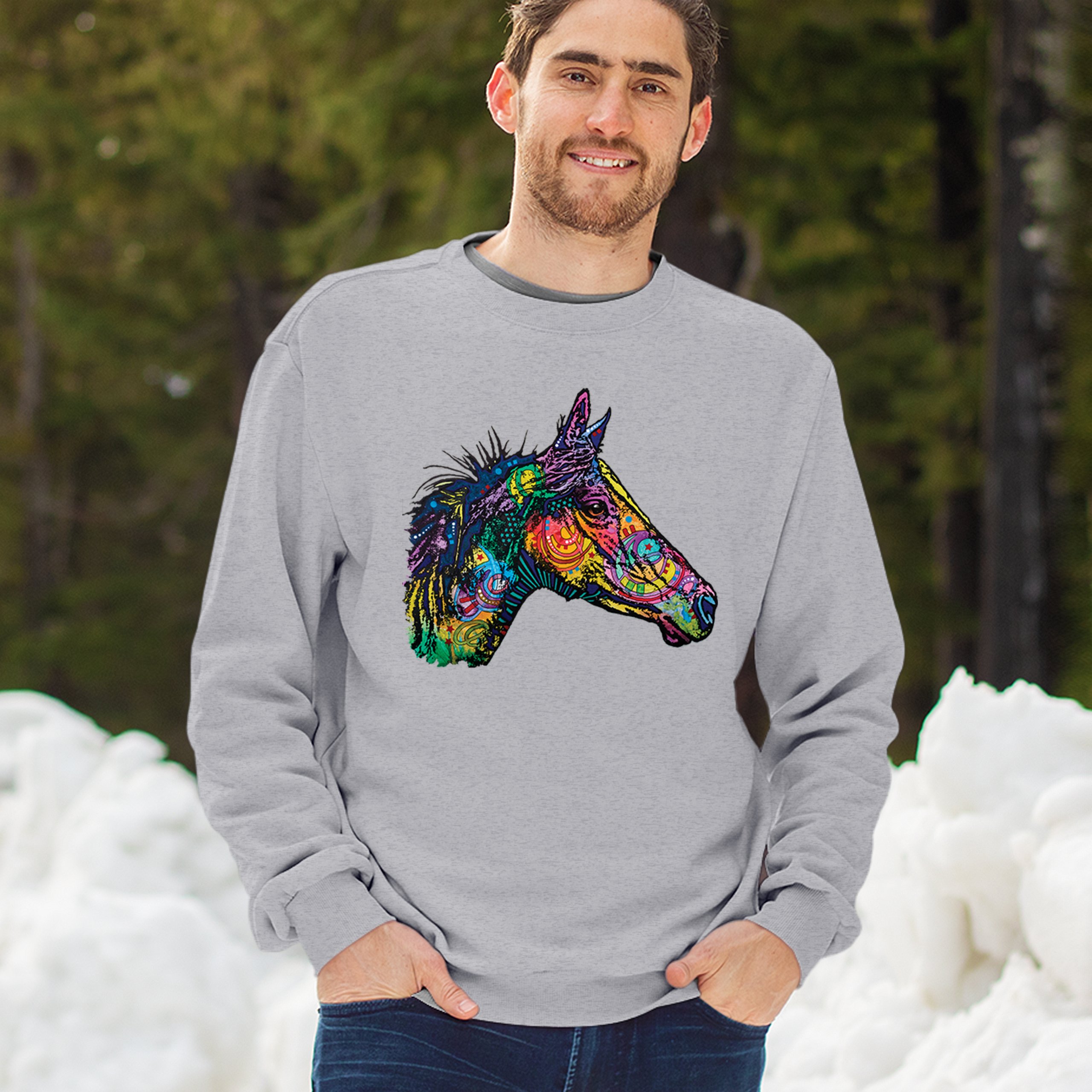 Dean Russo Colorful Horse Sweatshirt Neon Mosaic Wild Mustang Animal Crewneck - Picture 12 of 50