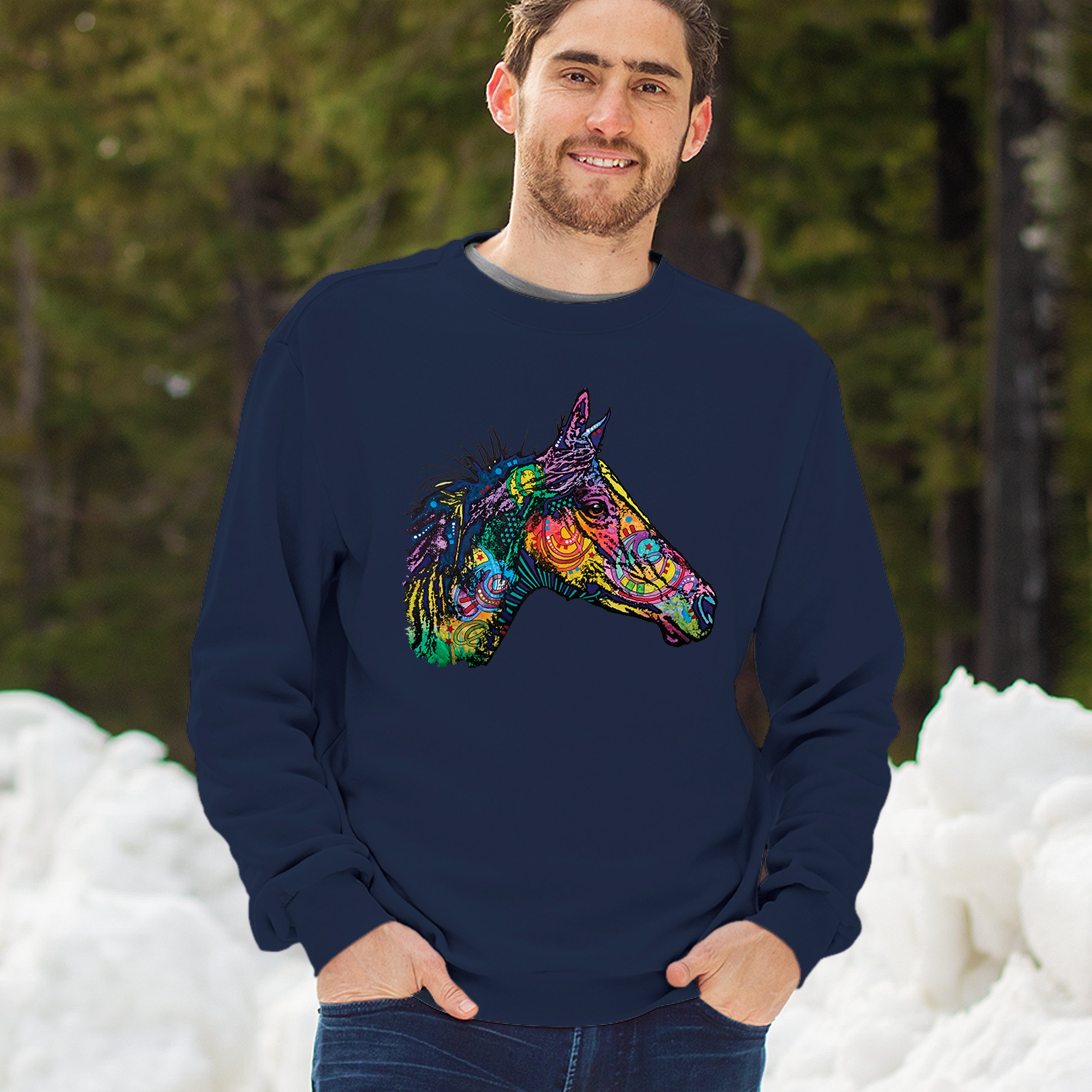 Dean Russo Colorful Horse Sweatshirt Neon Mosaic Wild Mustang Animal Crewneck - Picture 33 of 50