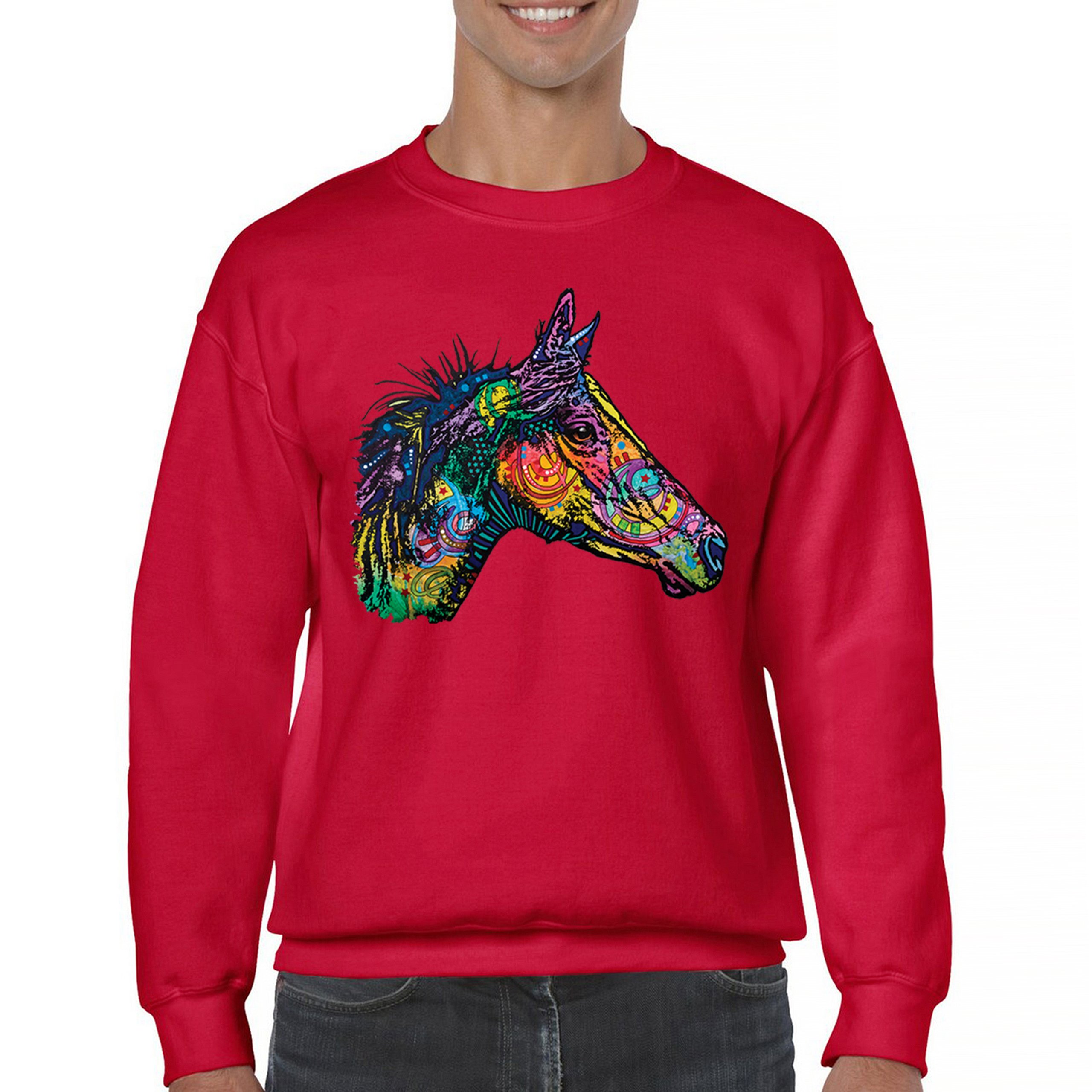 Dean Russo Colorful Horse Sweatshirt Neon Mosaic Wild Mustang Animal Crewneck - Picture 16 of 50