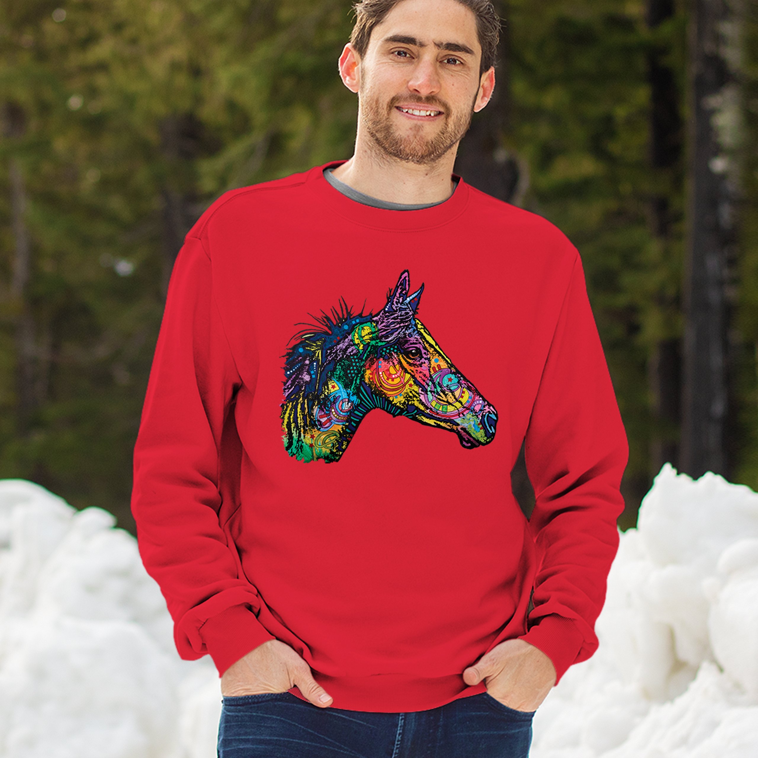 Dean Russo Colorful Horse Sweatshirt Neon Mosaic Wild Mustang Animal Crewneck - Picture 19 of 50