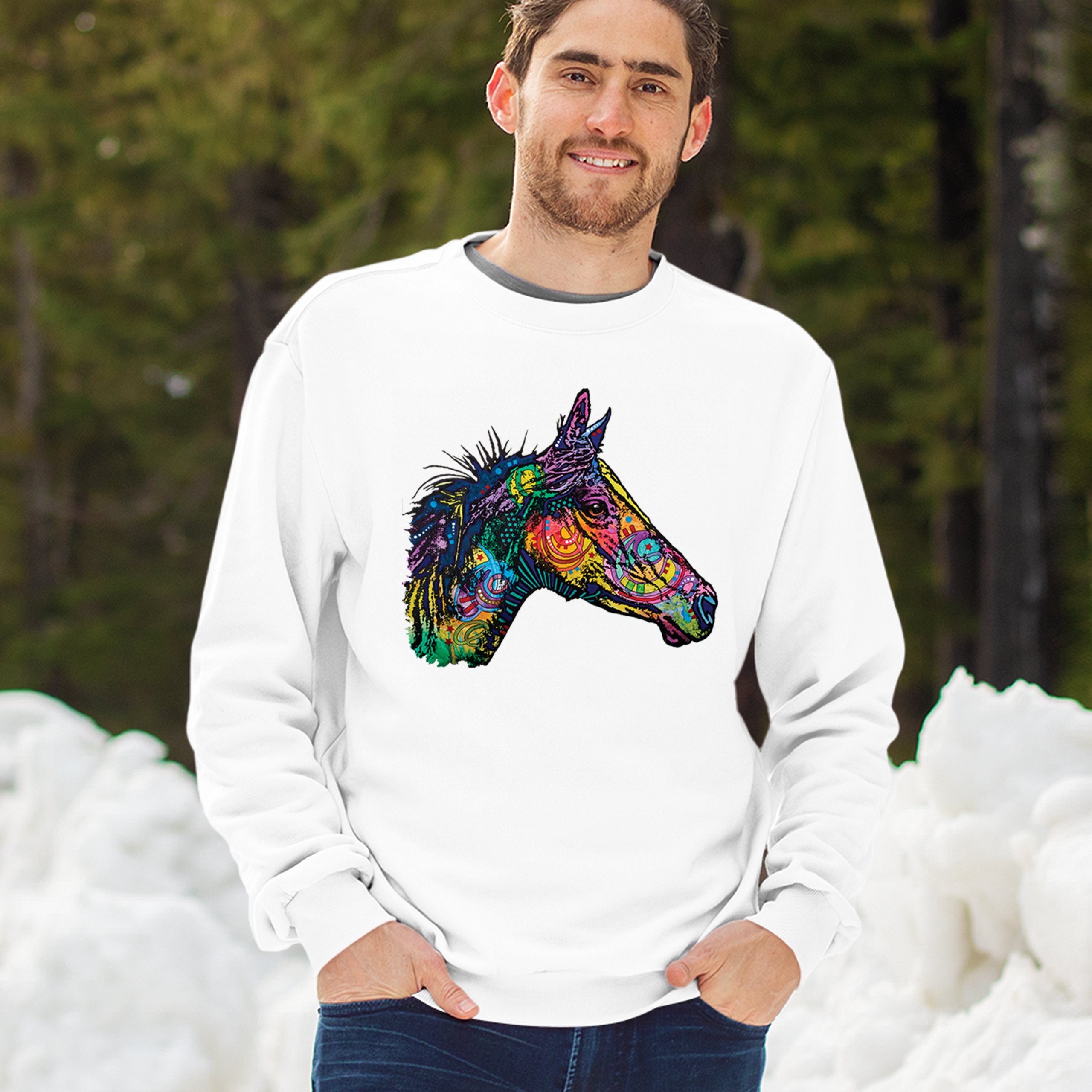 Dean Russo Colorful Horse Sweatshirt Neon Mosaic Wild Mustang Animal Crewneck - Picture 26 of 50
