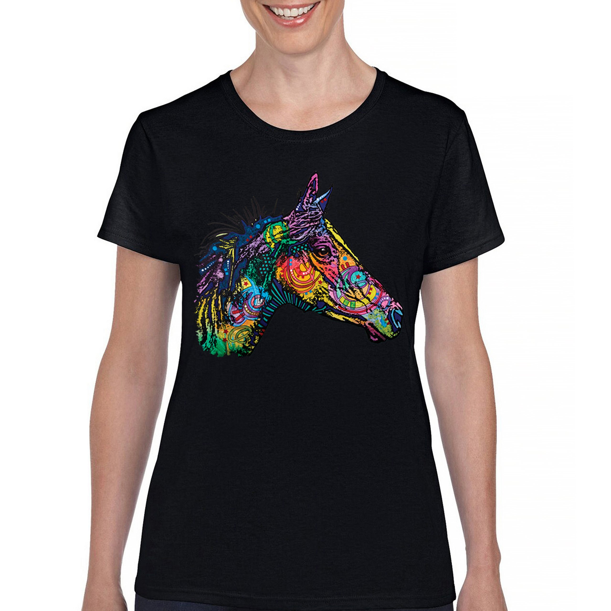 Dean Russo Colorful Horse T-Shirt Neon Mosaic Wild Mustang Animal Women's Tee