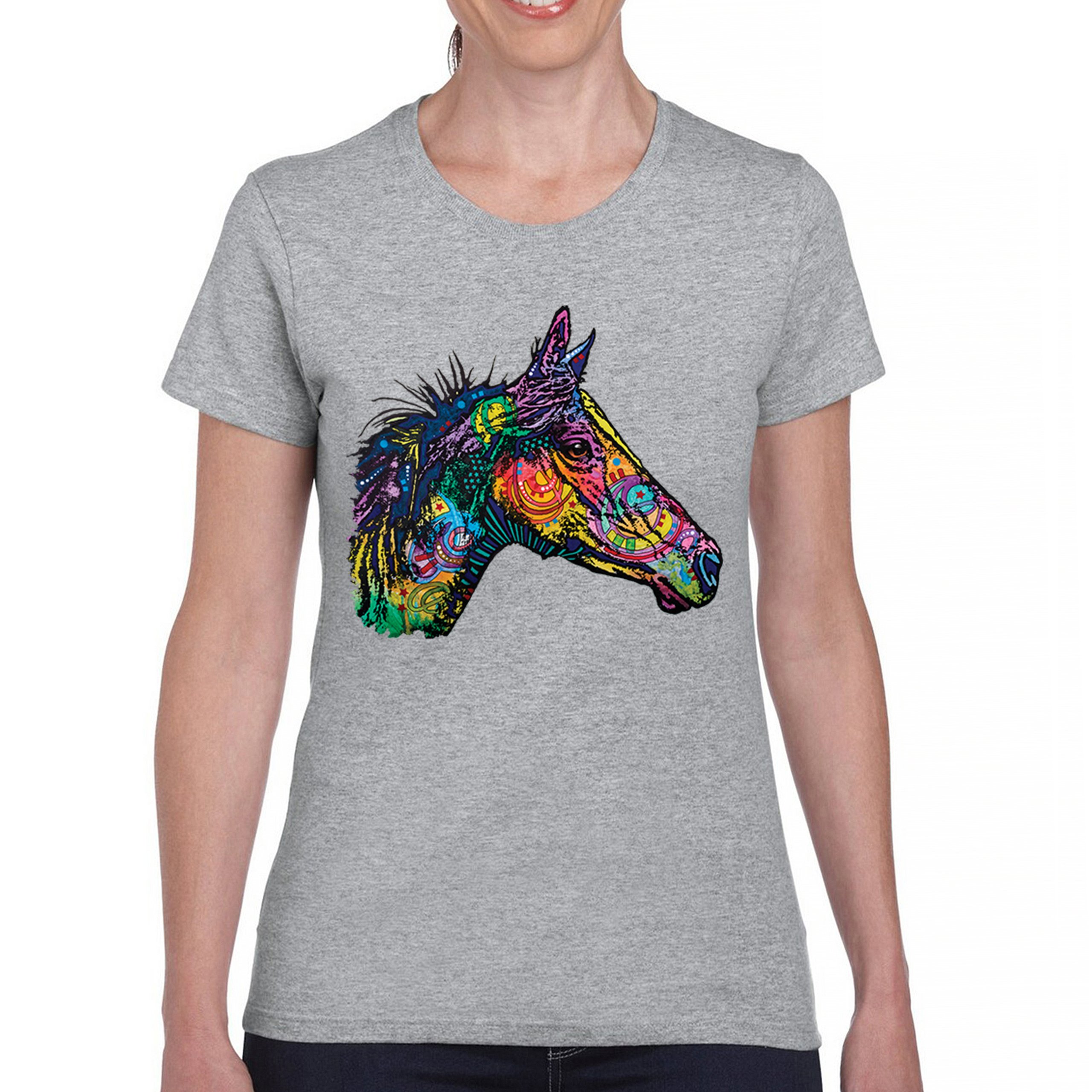 Dean Russo Colorful Horse T-Shirt Neon Mosaic Wild Mustang Animal Women's Tee