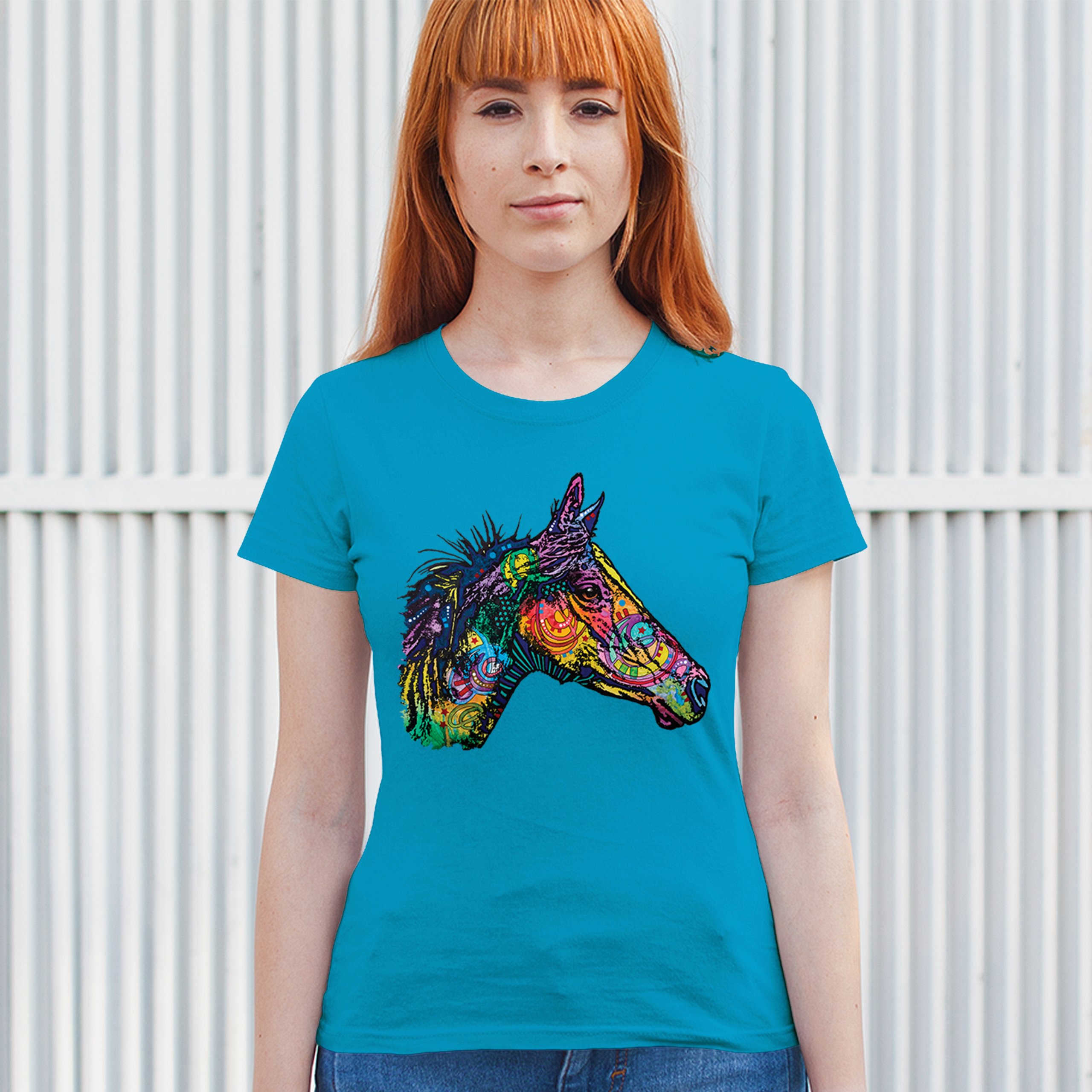 Dean Russo Colorful Horse T-Shirt Neon Mosaic Wild Mustang Animal Women's Tee