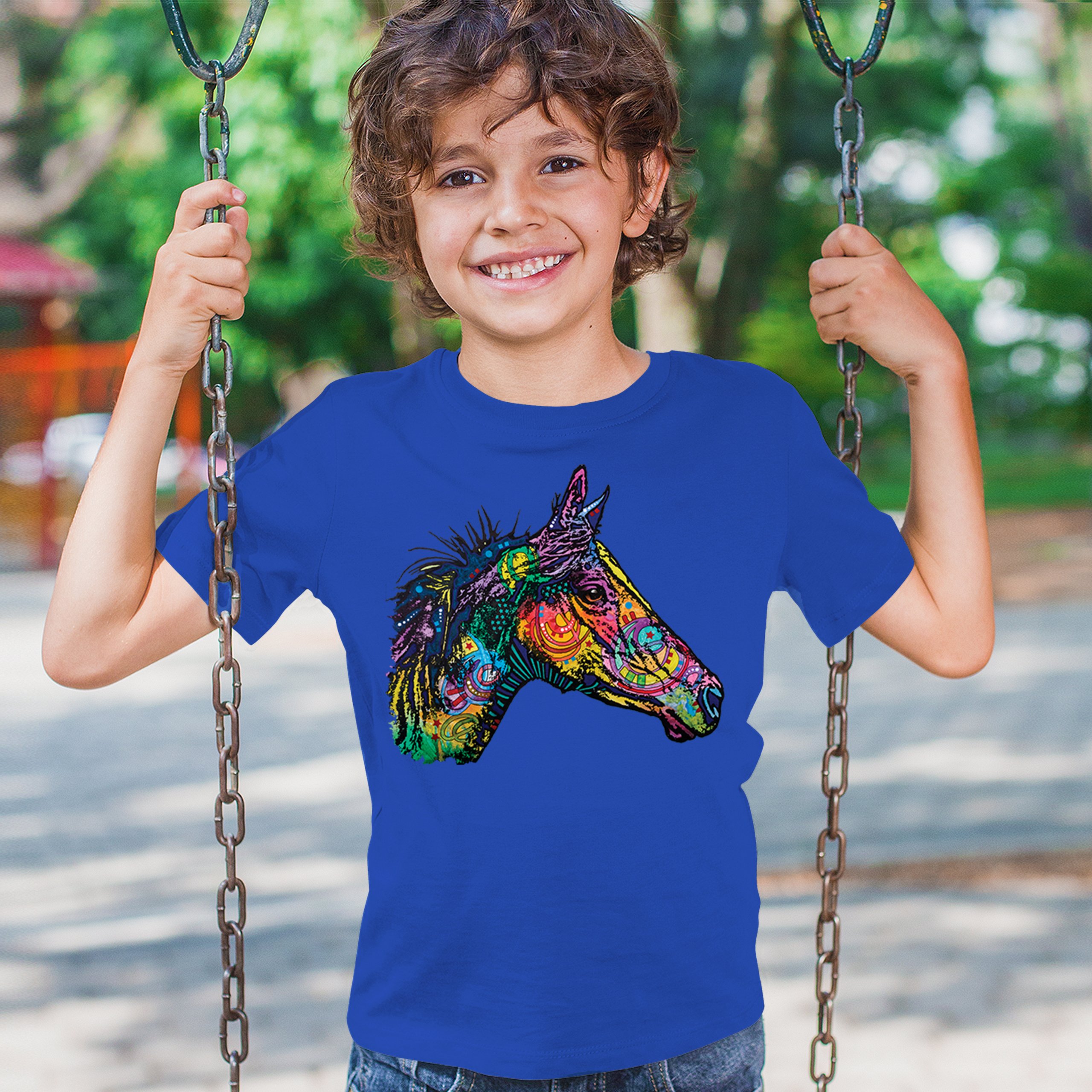 Dean Russo Colorful Horse Youth T-shirt Neon Mosaic Wild Mustang Animal Kids - Picture 40 of 50