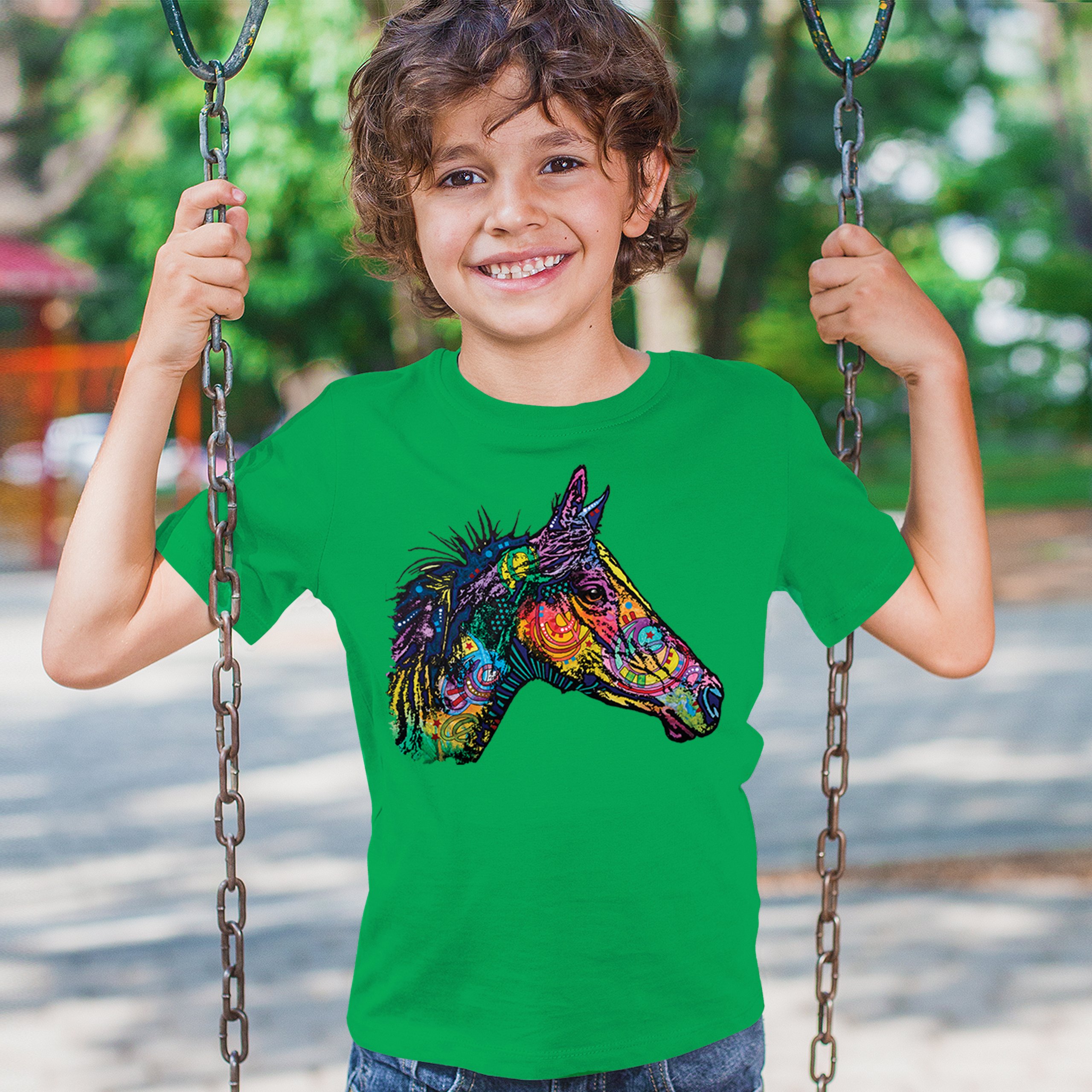 Dean Russo Colorful Horse Youth T-shirt Neon Mosaic Wild Mustang Animal Kids - Picture 33 of 50