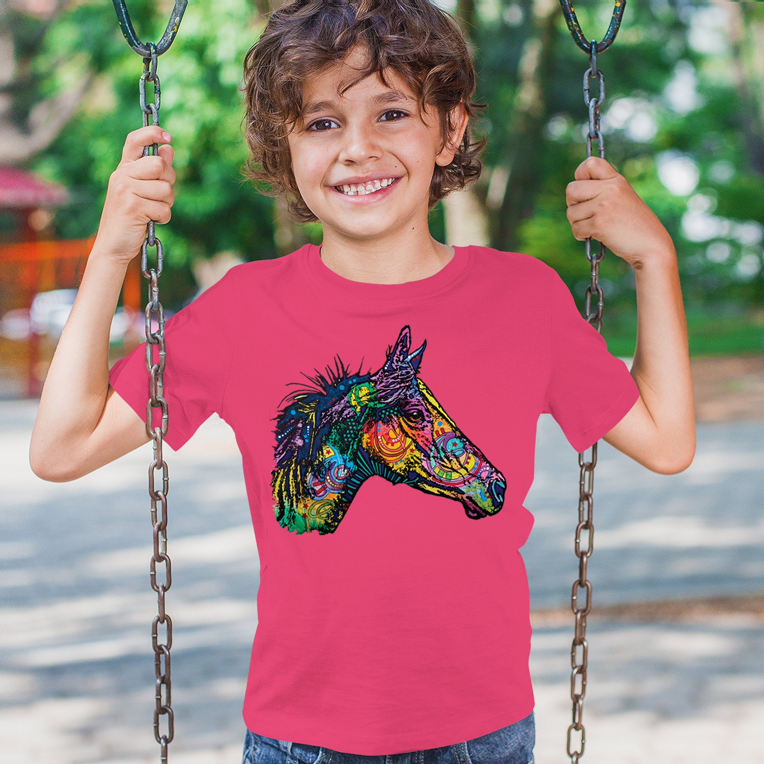 Dean Russo Colorful Horse Youth T-shirt Neon Mosaic Wild Mustang Animal Kids - Picture 47 of 50