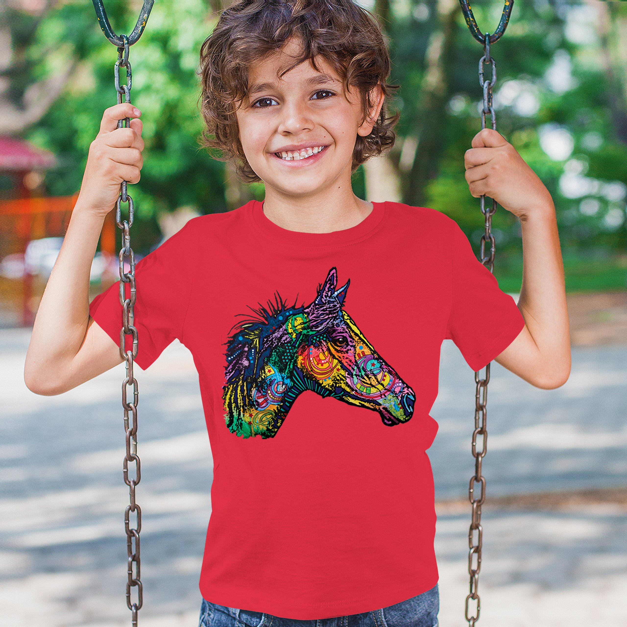 Dean Russo Colorful Horse Youth T-shirt Neon Mosaic Wild Mustang Animal Kids - Picture 19 of 50