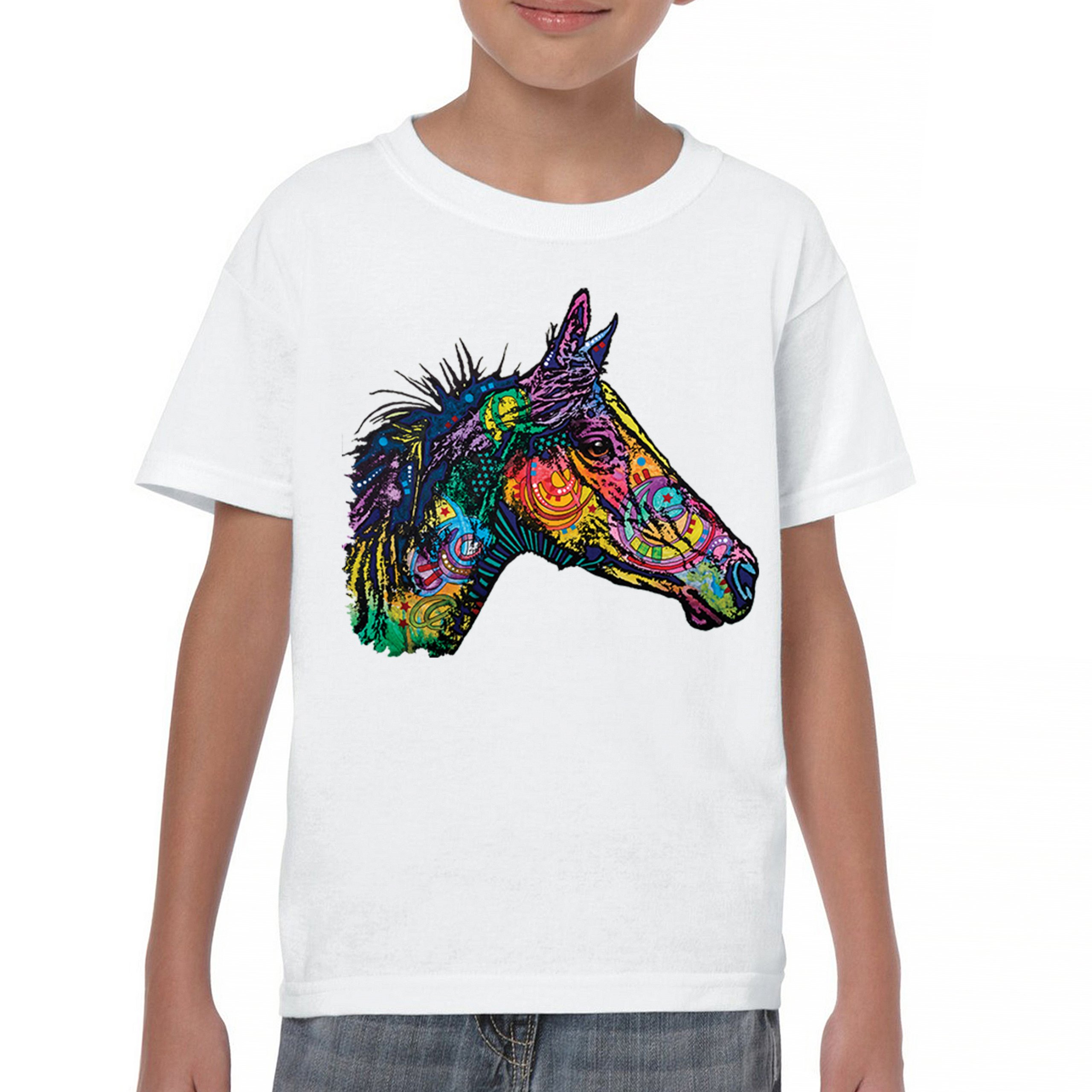 Dean Russo Colorful Horse Youth T-shirt Neon Mosaic Wild Mustang Animal Kids - Picture 23 of 50