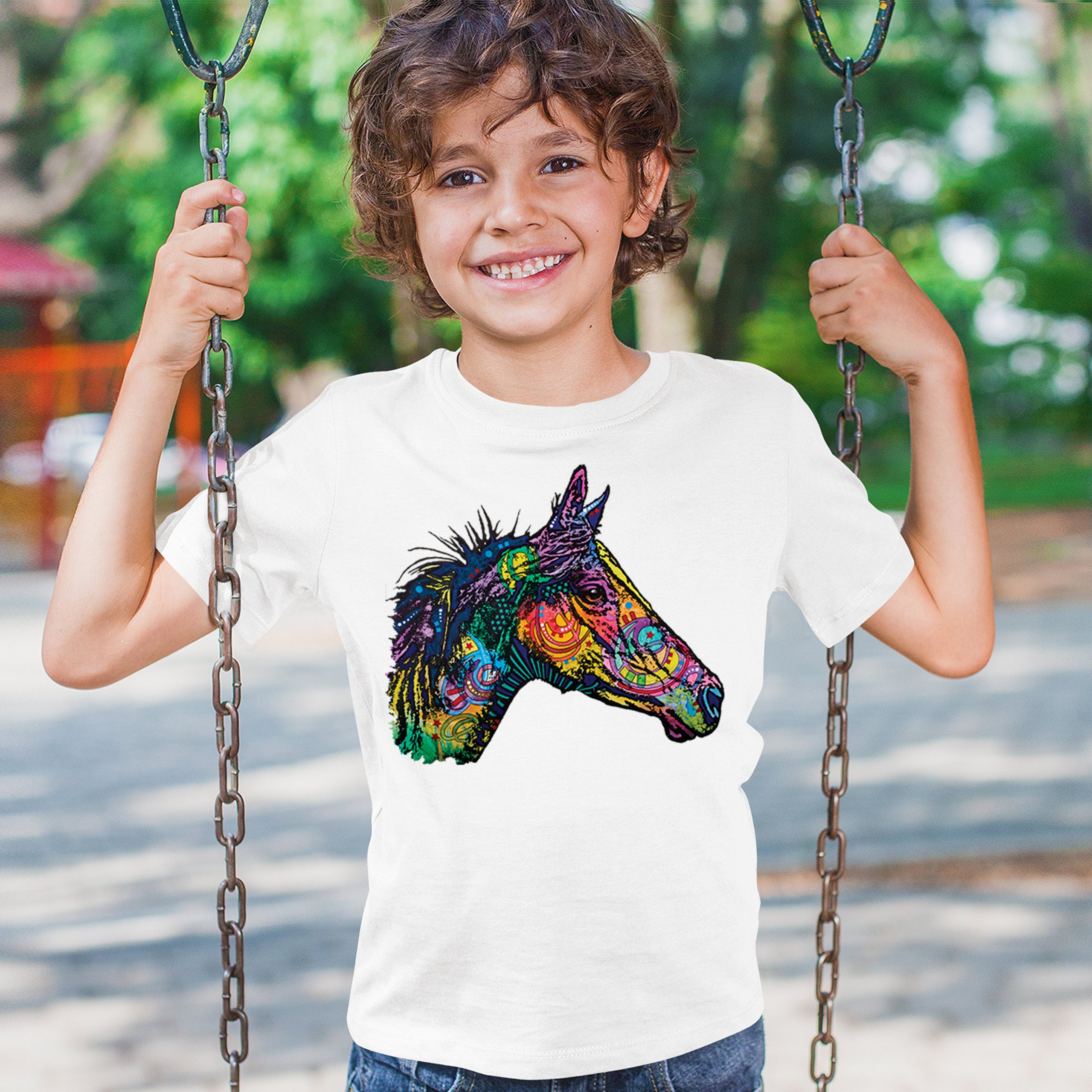 Dean Russo Colorful Horse Youth T-shirt Neon Mosaic Wild Mustang Animal Kids - Picture 26 of 50