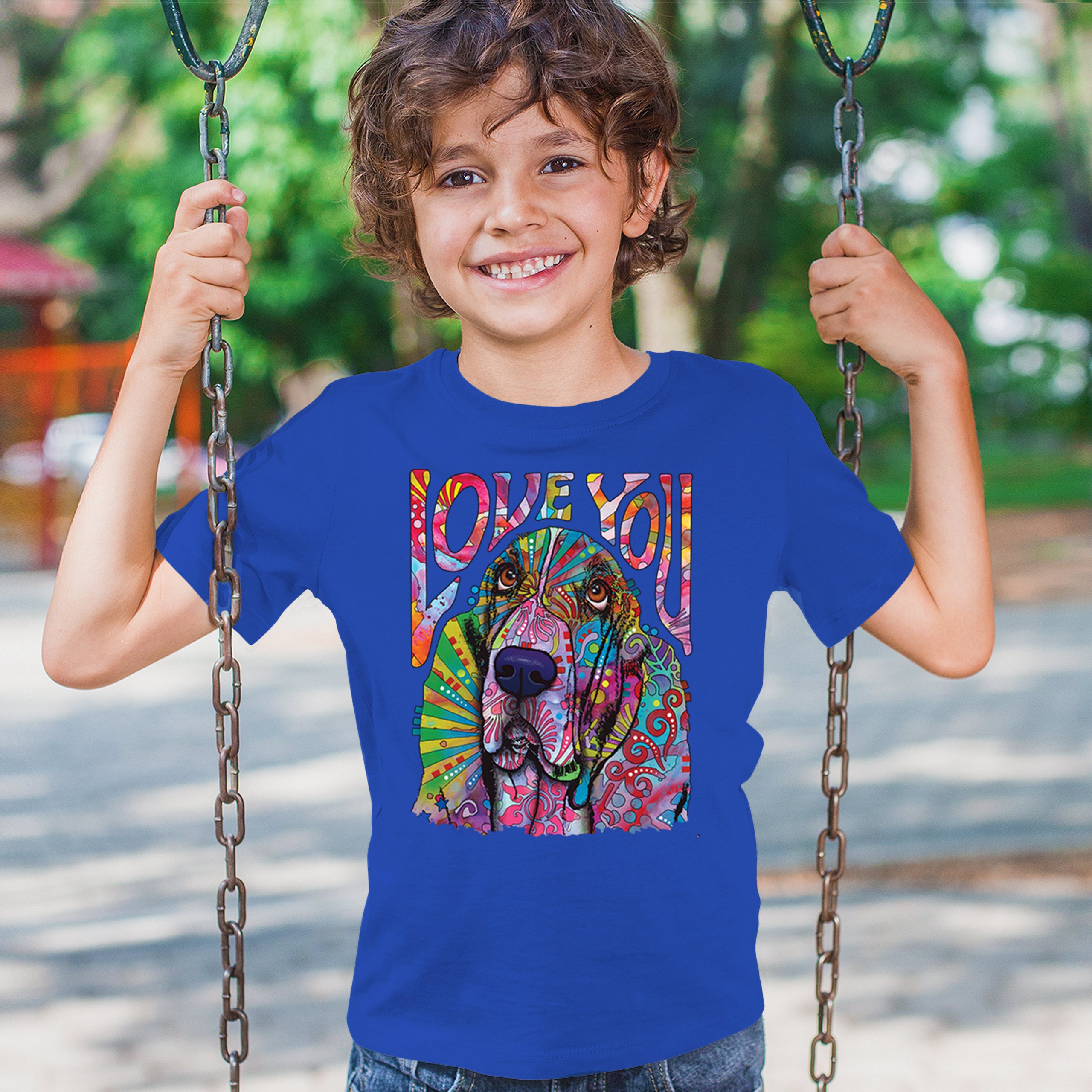Dean Russo Cute Love You Basset Youth T-shirt Colorful Dog Neon Pet Kids - Picture 40 of 50