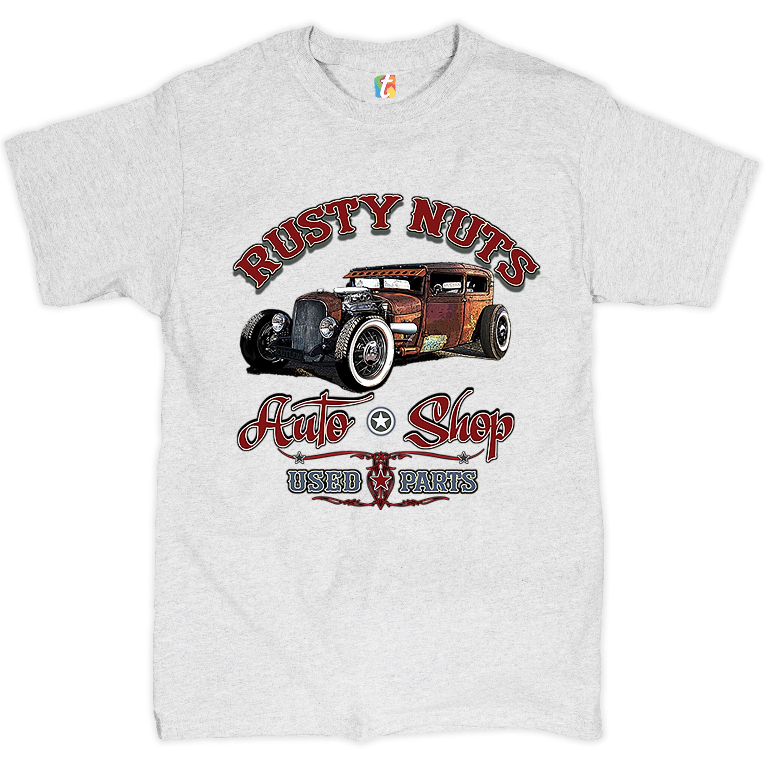 Rusty Nuts Auto Shop T-shirt Hot Rod Rat Rod Vintage Old School Men's Tee