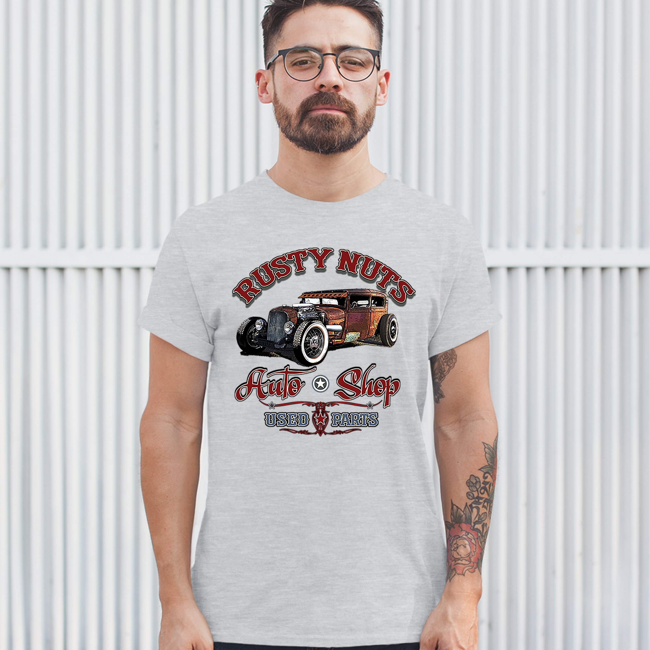 Rusty Nuts Auto Shop T-shirt Hot Rod Rat Rod Vintage Old School Men's Tee