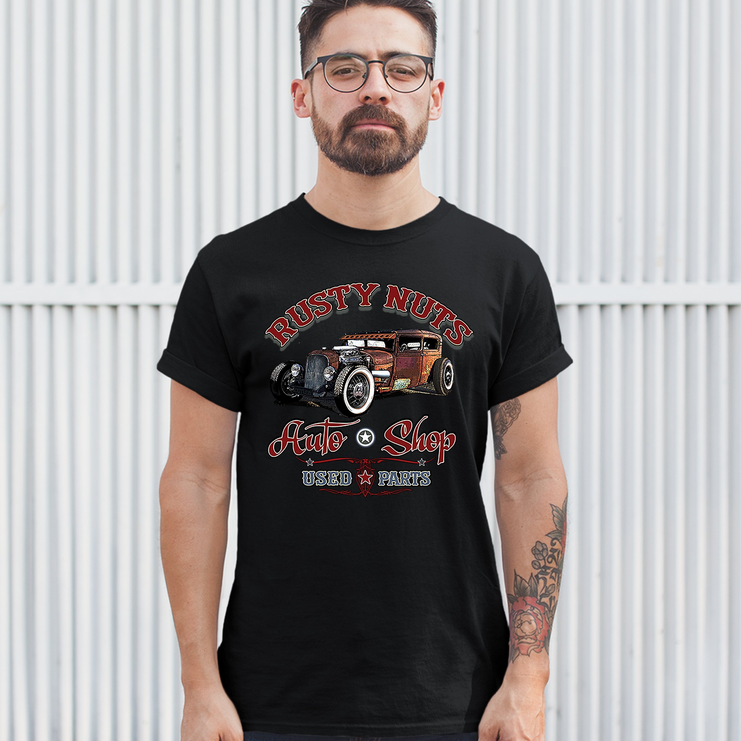 Rusty Nuts Auto Shop T-shirt Hot Rod Rat Rod Vintage Old School Men's Tee